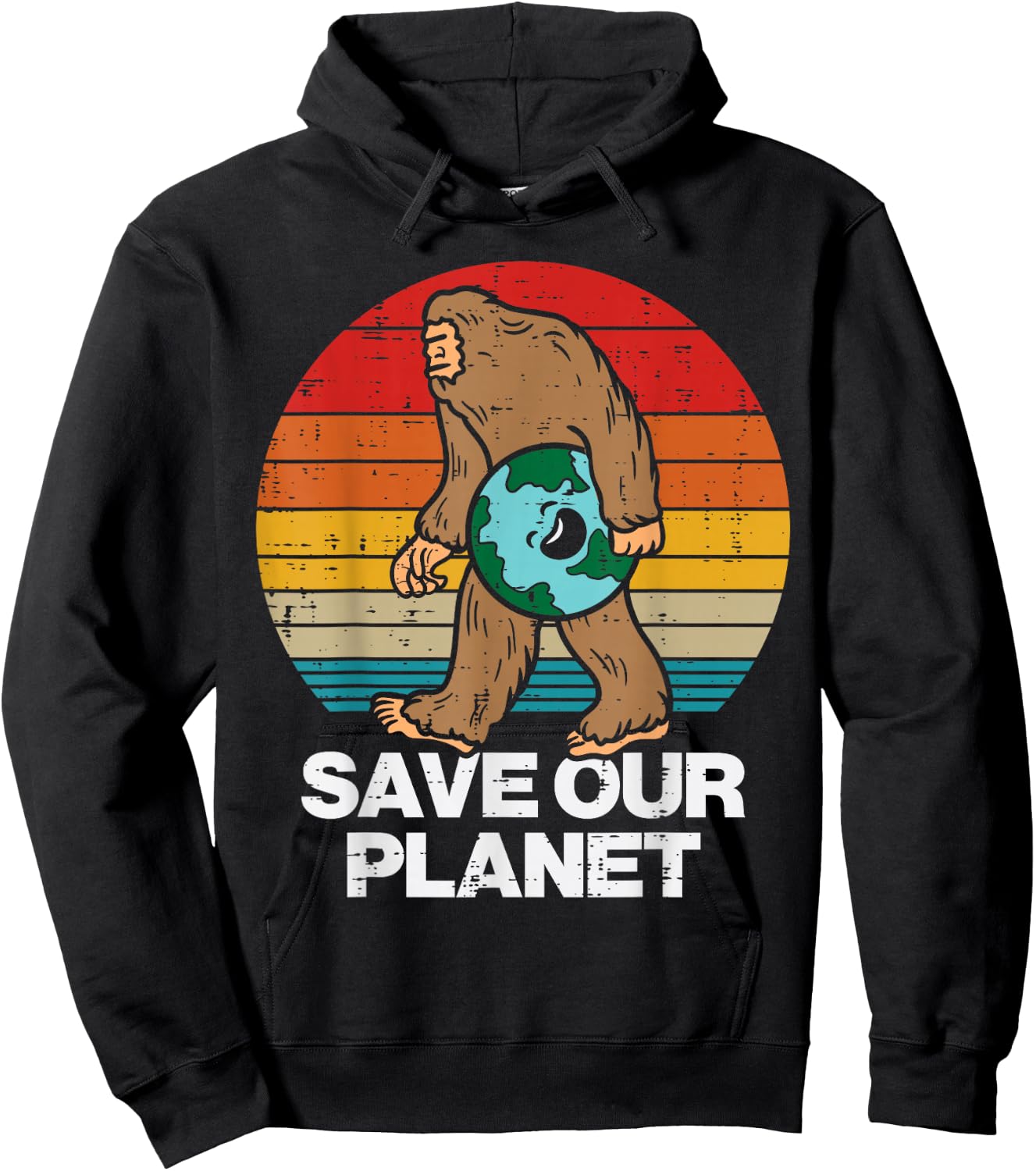 Save Our Planet Bigfoot Sunset Retro Earth Day Sasquatch Hoodie - Hoodie | Black