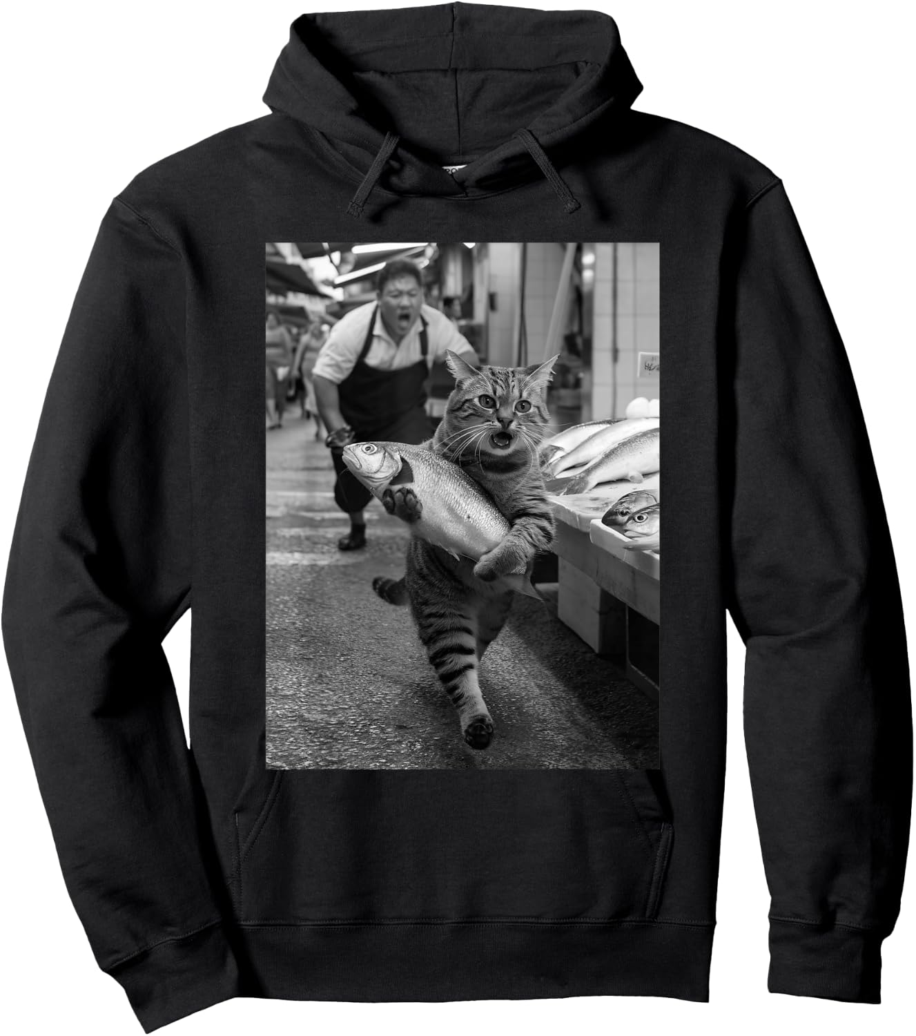 Lustiges schwarz-weißes Meme im Vintage-Stil, Motiv „Katze stiehlt Fischmarkt“ Hoodie - Hoodie | Black