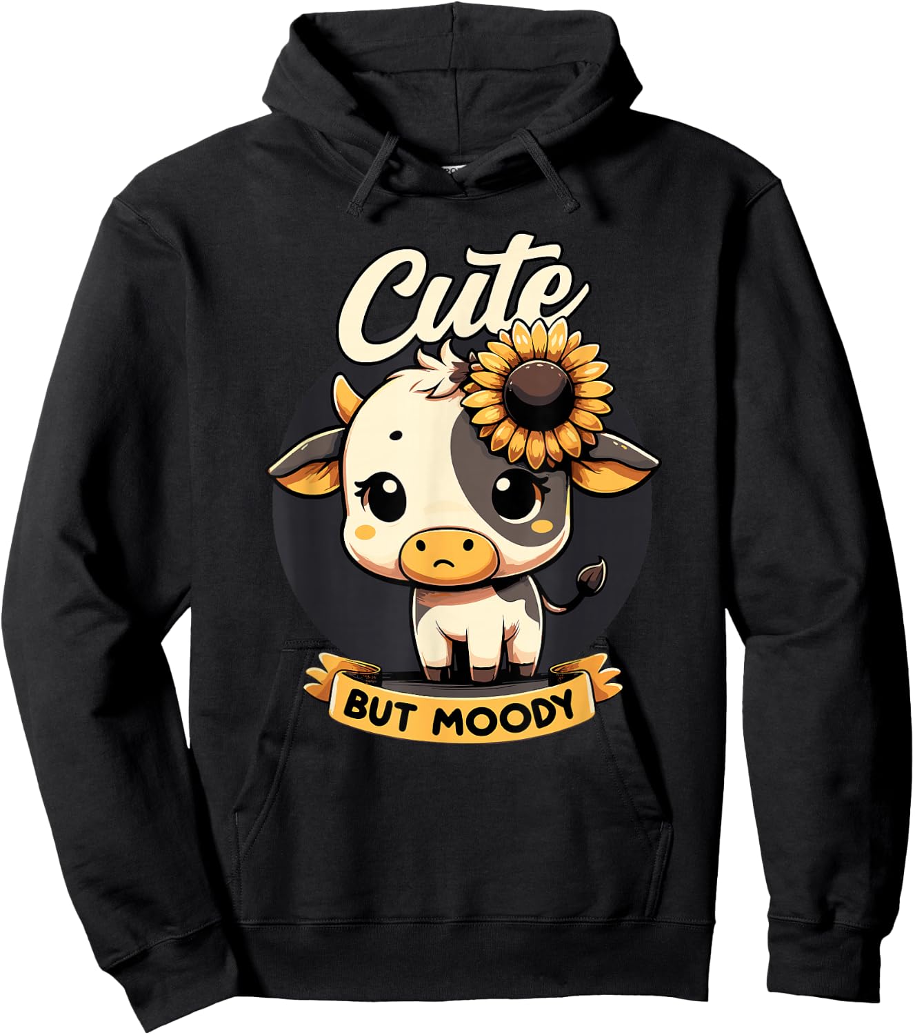 Cute Cow, Cute But Moody, Kids, Farm & Baby Cow Sunflower Hoodie - Hoodie | Black