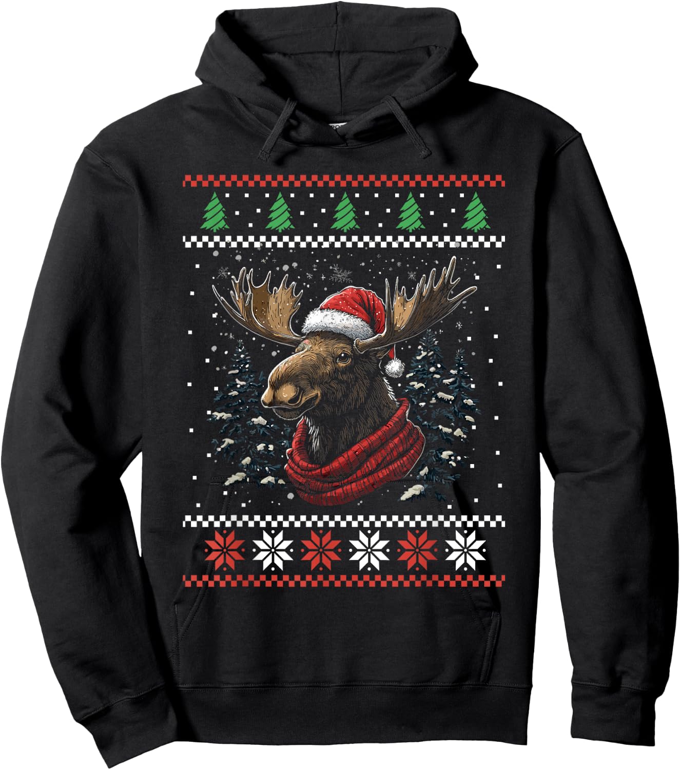 Moose Santa Hat Ugly Christmas Sweater Xmas Hoodie - Hoodie | Black