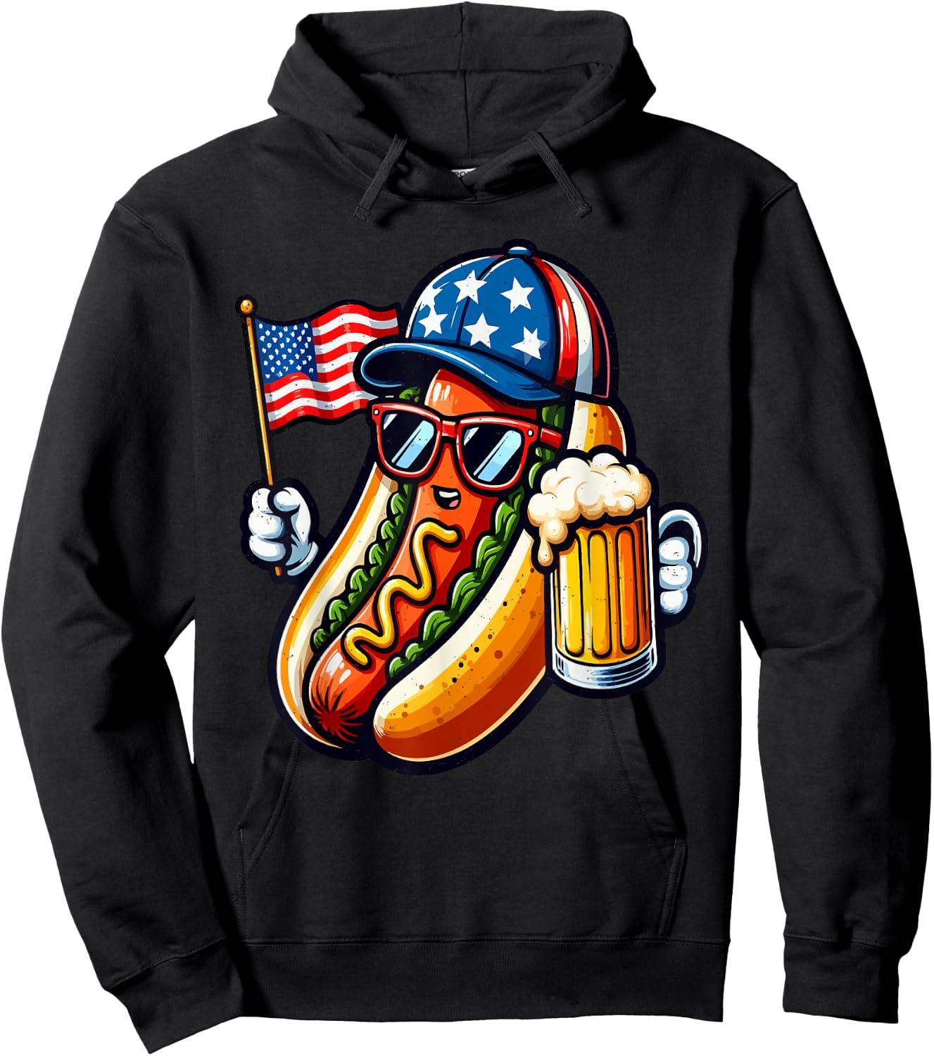 Hotdog American Flag 4th of July Funny Patriotic Sausage Hoodie - Hoodie | Black