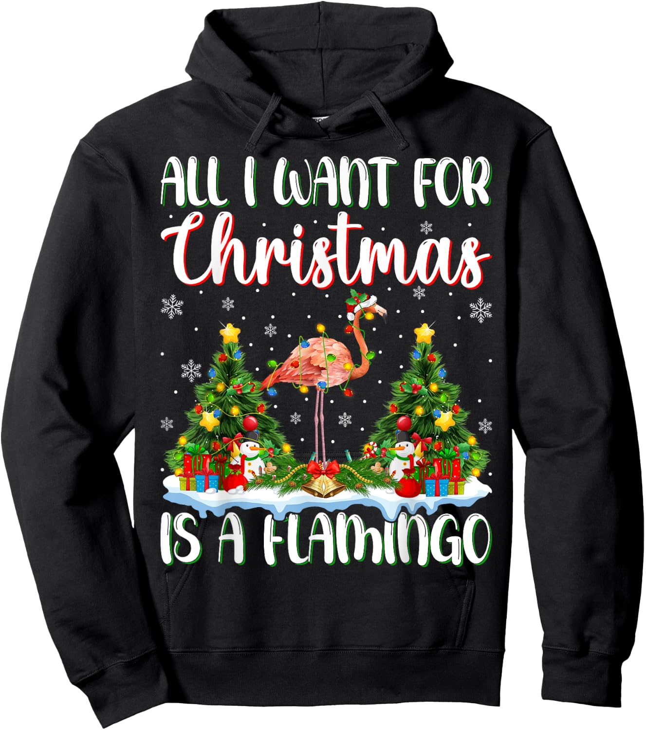 I Want For Christmas Is A Flamingo Bird Xmas Tree Lights Hoodie - Hoodie | Black
