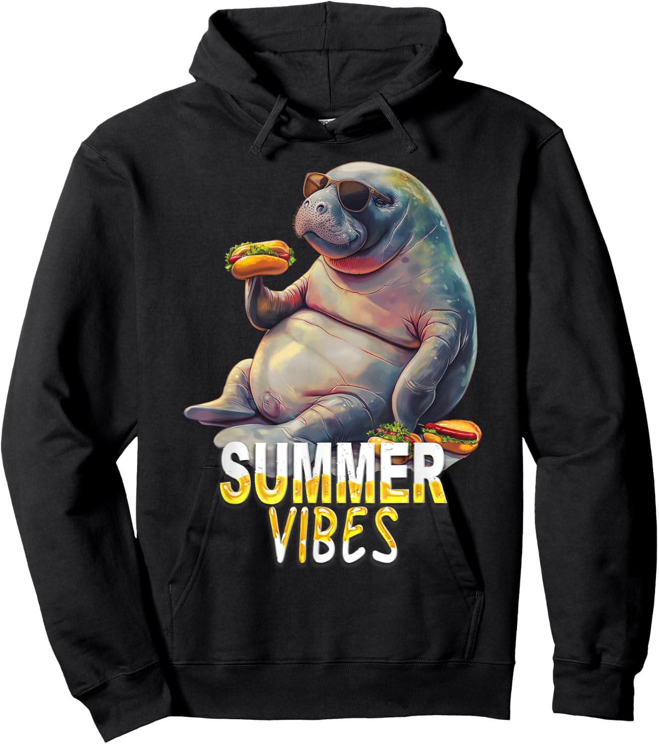 Manatee Eating Hot Dogs - Summer Funny Design Hoodie - Hoodie | Black