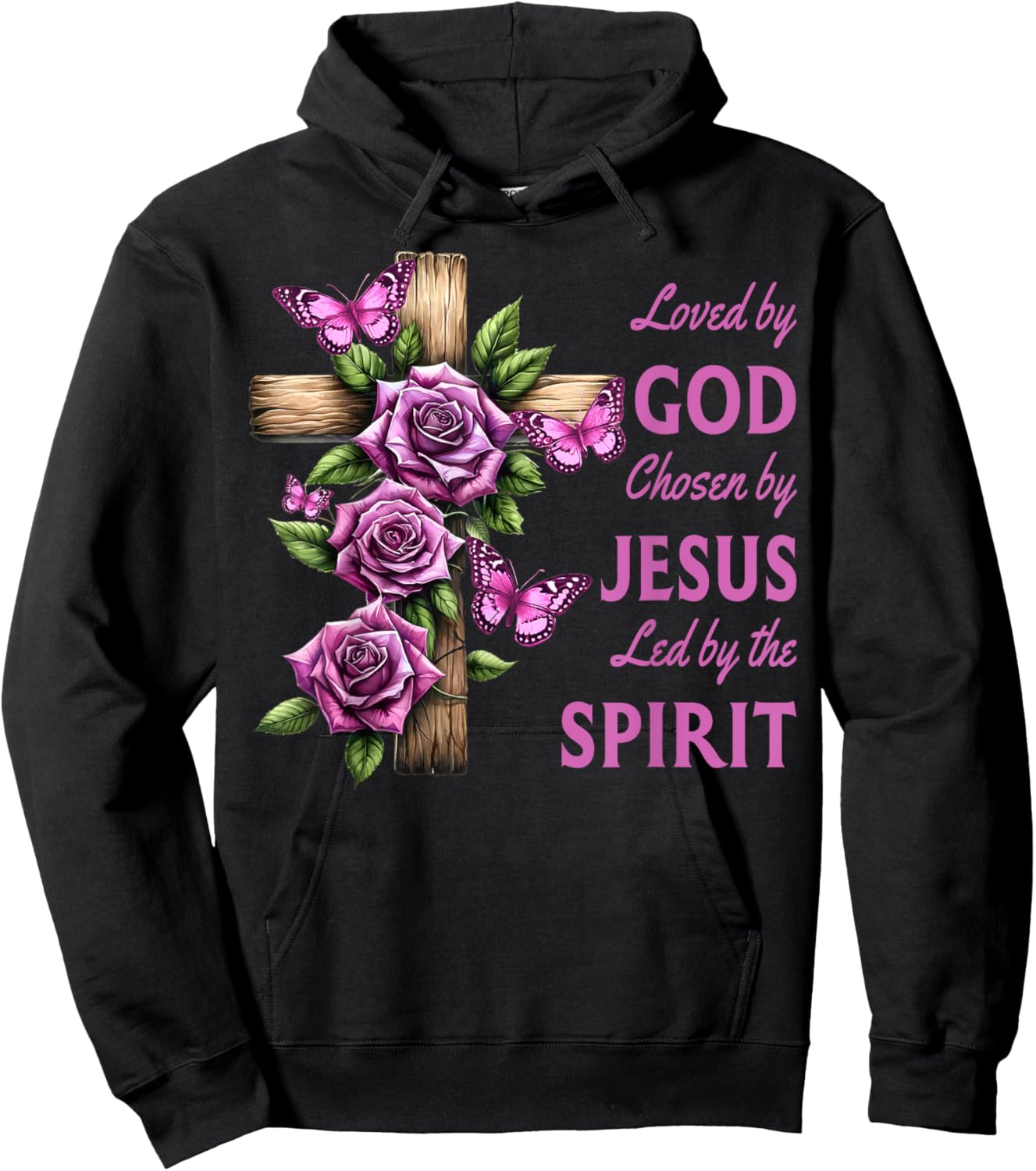 Loved By God Chosen By Jesus Rose And Butterfly Cross Hoodie - Hoodie | Black