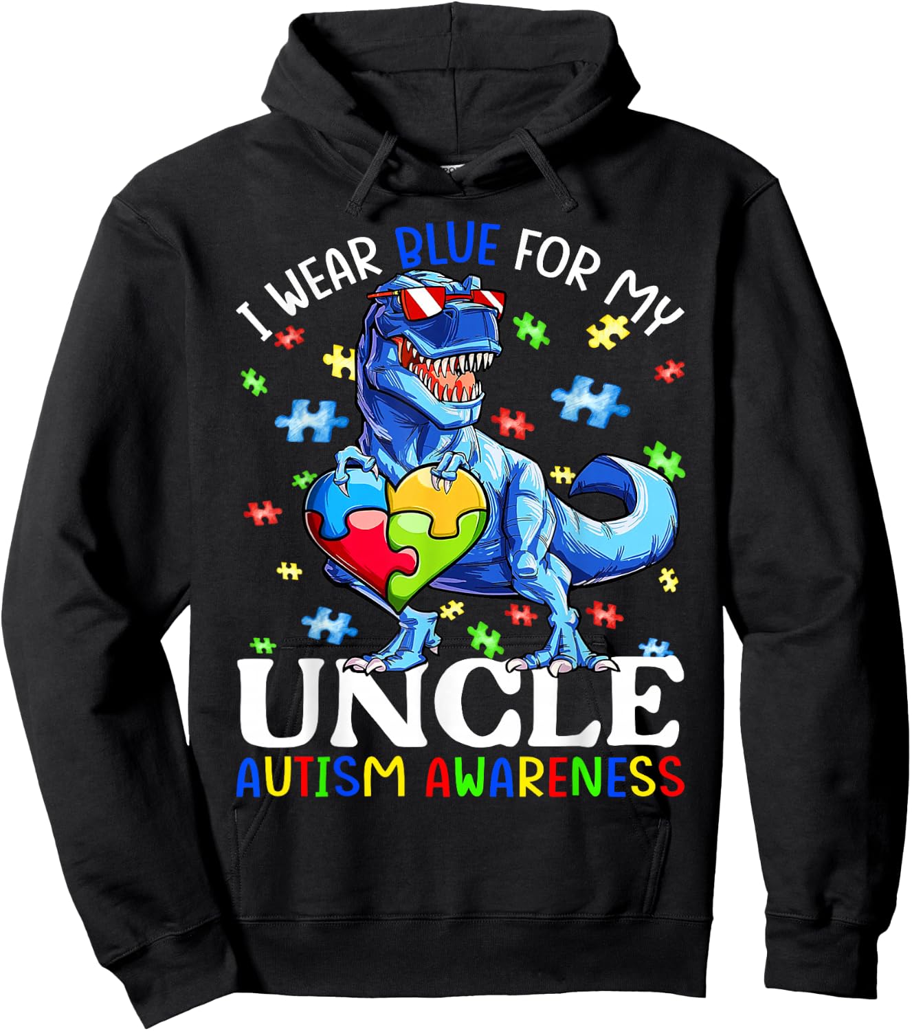 I Wear Blue For My Uncle Autism Awareness Dinosaur Boys Hoodie - Hoodie | Black