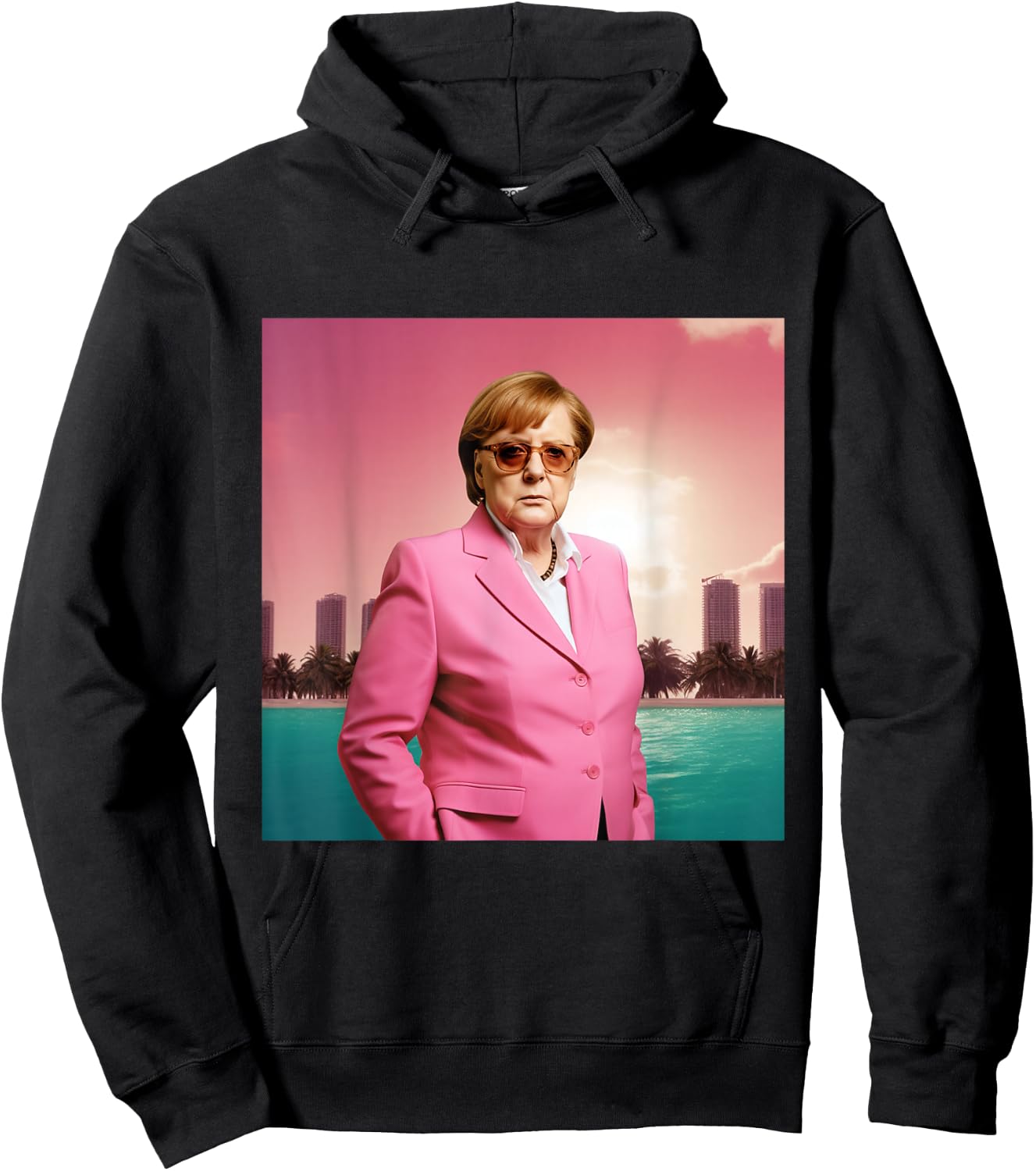 Angela Merkel Wearing Pink Suit in Miami, Digital Art , black Hoodie - Hoodie | Black