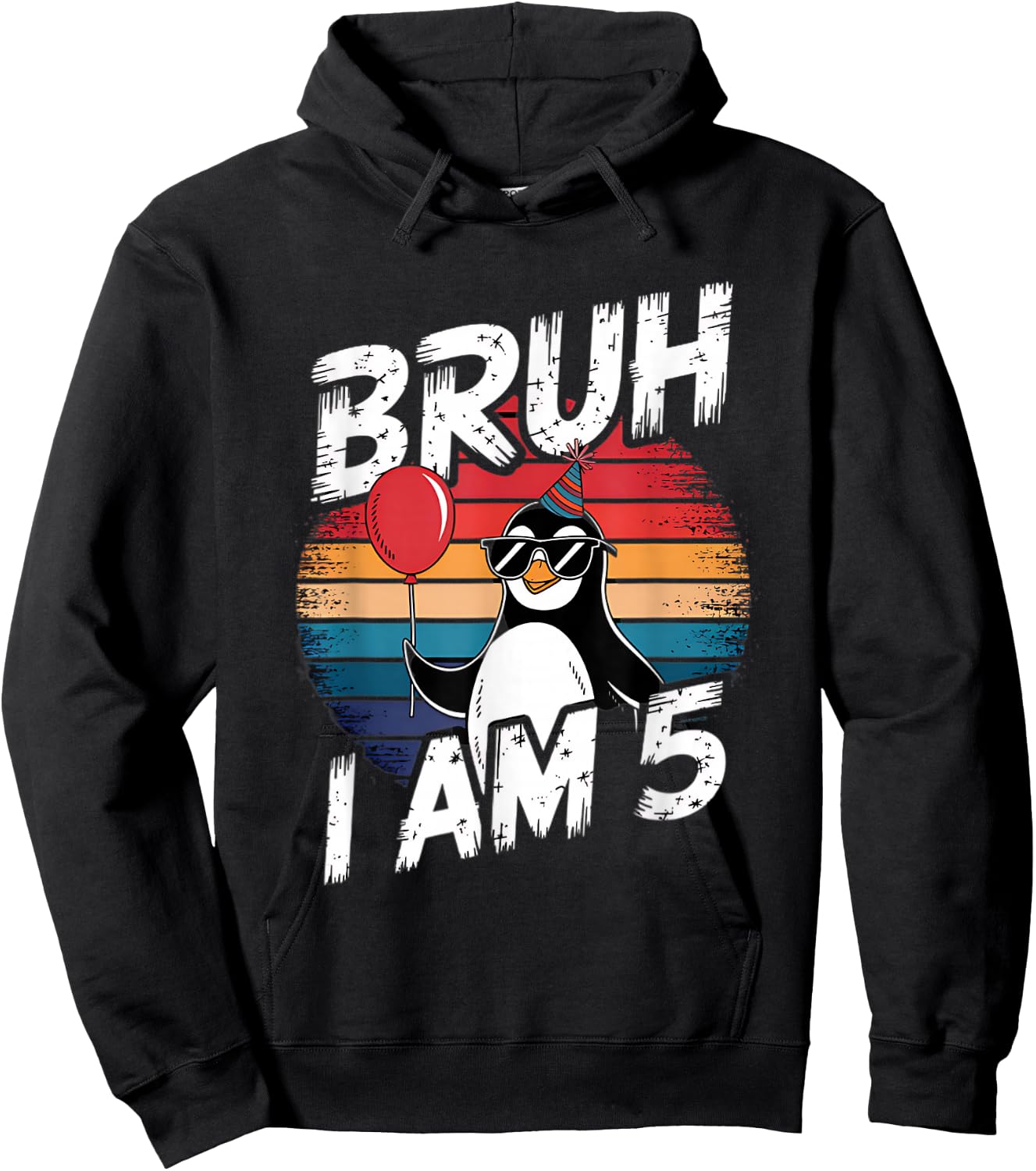 Bruh I Am 5 Penguin Kids 5th Birthday Party Retro Sunset Hoodie - Hoodie | Black