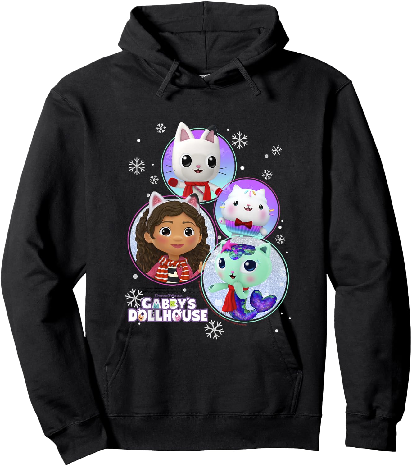 Kids Gabby's Dollhouse Group Christmas Character Snowflake Panels Hoodie - Hoodie | Black