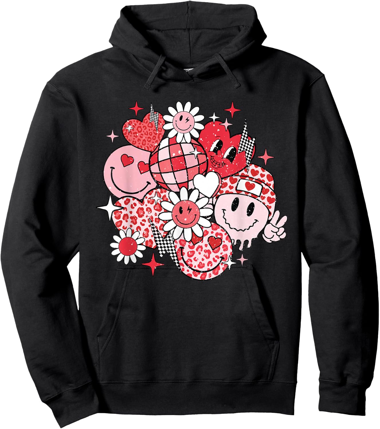 Smile Face Valentines Day Vibes Leopard Flower Groovy Retro Hoodie - Hoodie | Black
