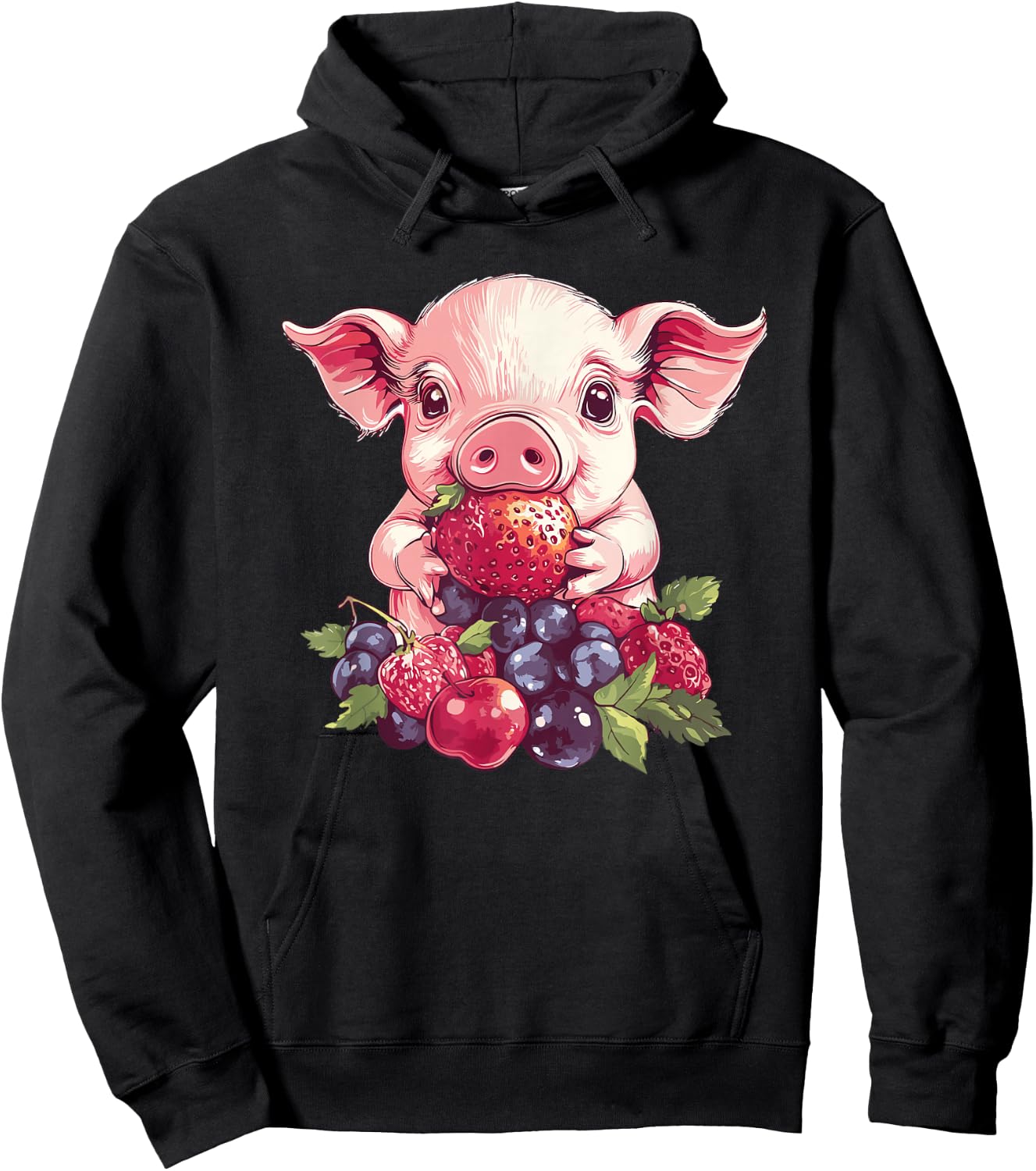 Adorable Pig With Strawberries And Berries Hoodie - Hoodie | Black