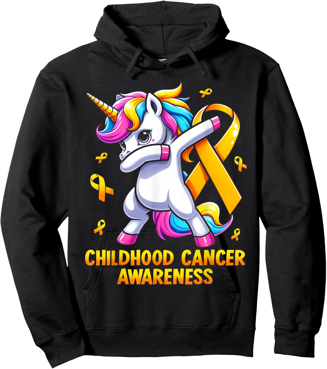 Unicorn Gold Ribbon Girls Childhood Cancer Awareness Hoodie - Hoodie | Black