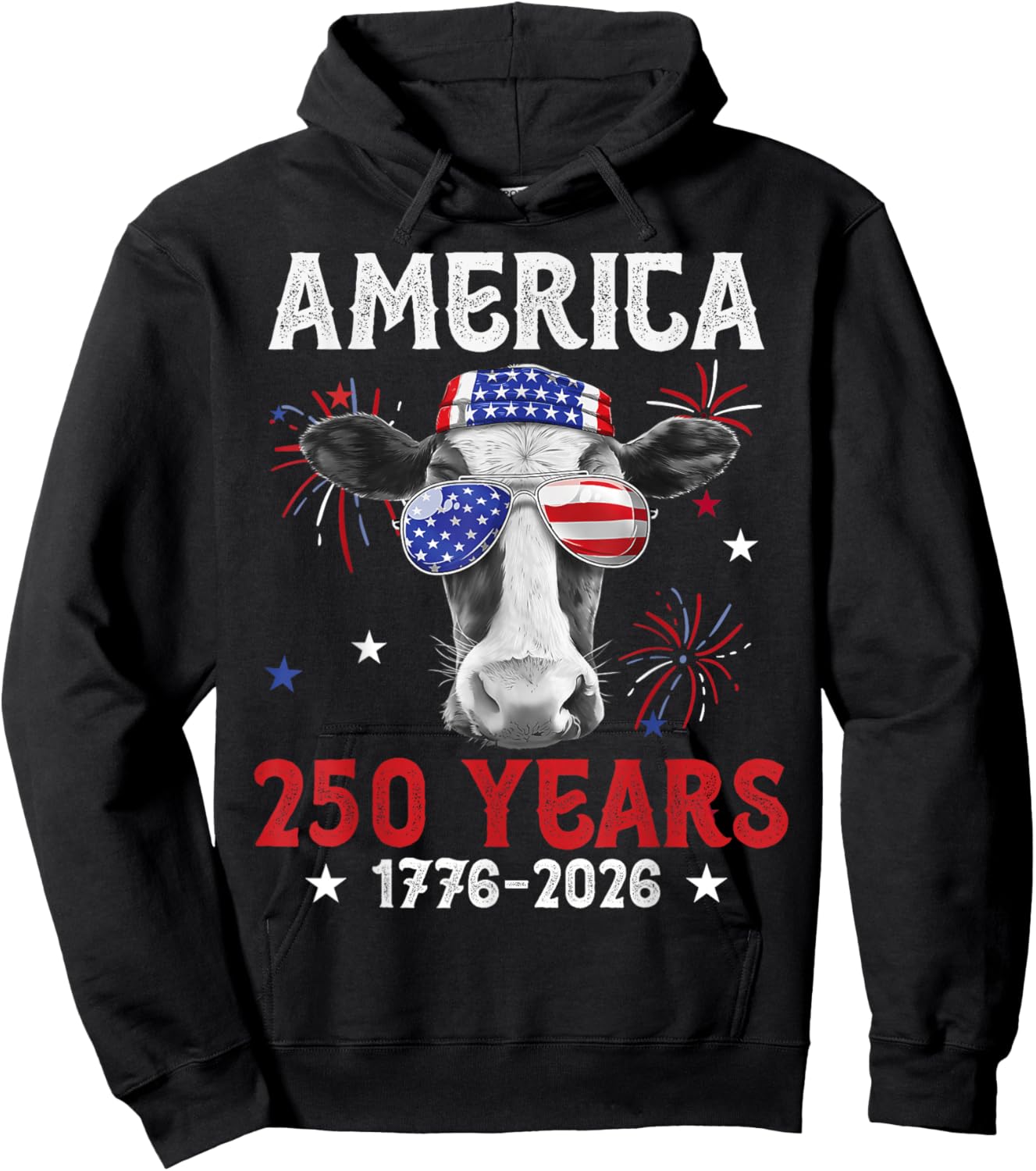 America 250 Years 4th of July 1776-2026 Cow Sunglasses Moo Hoodie - Hoodie | Black