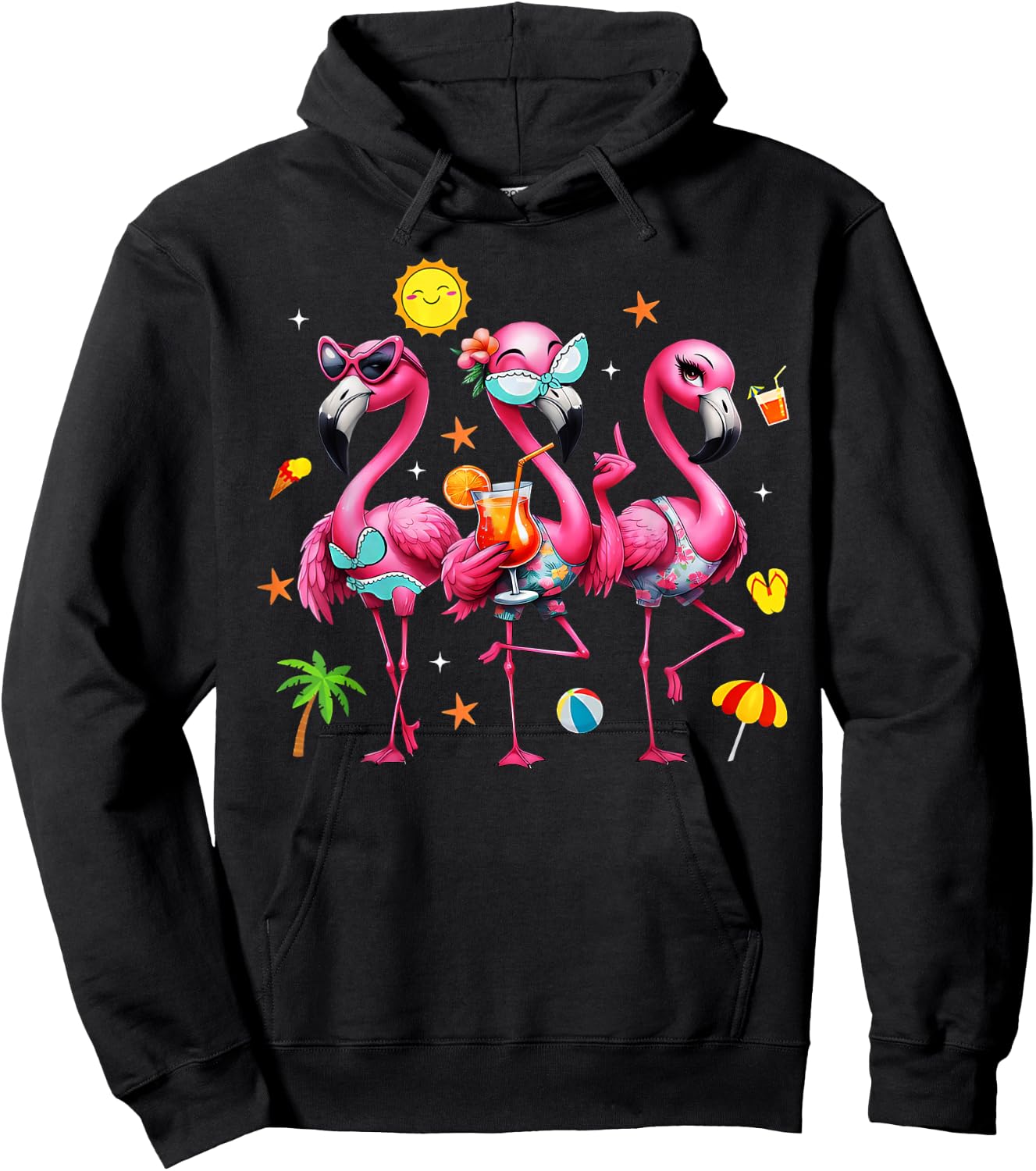 Flamingo Pink Palm Tree Tropical Beach Summer Vacation Women Hoodie - Hoodie | Black