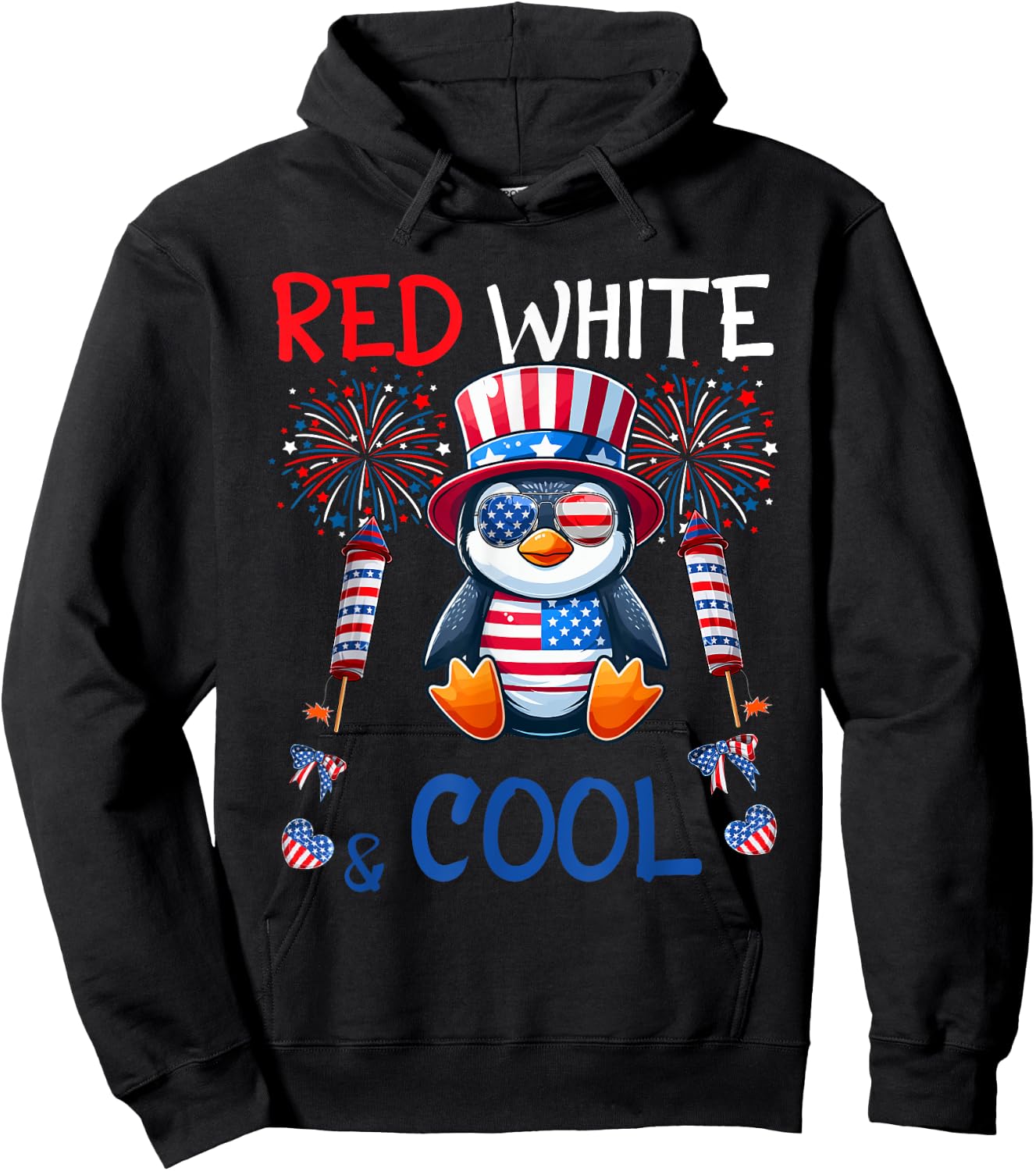 Red White And Cool Costume Penguin Sunglasses 4th July Hoodie - Hoodie | Black