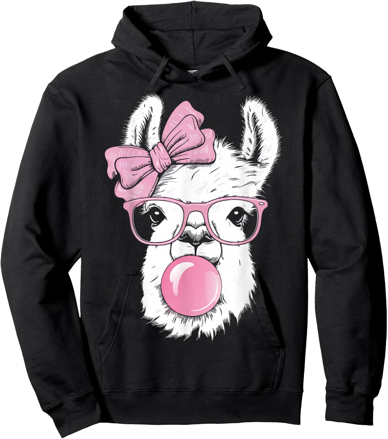 Llama Wearing Glasses and Blowing Pink Bubble Gum Hoodie - Hoodie | Black