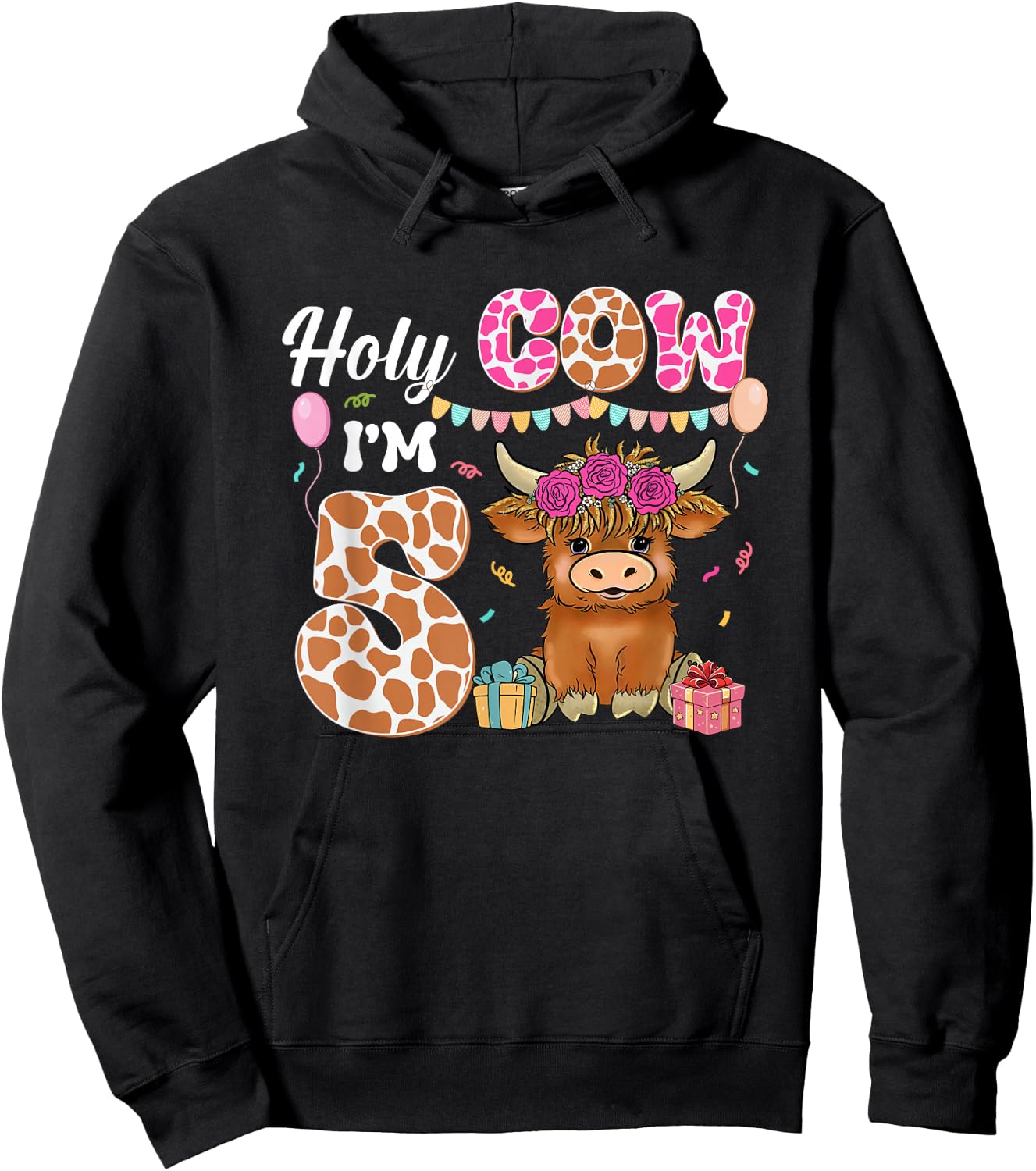 Holy Cow I'm 5 Highland Cow Farming 5th Birthday 5 Years Old Hoodie - Hoodie | Black