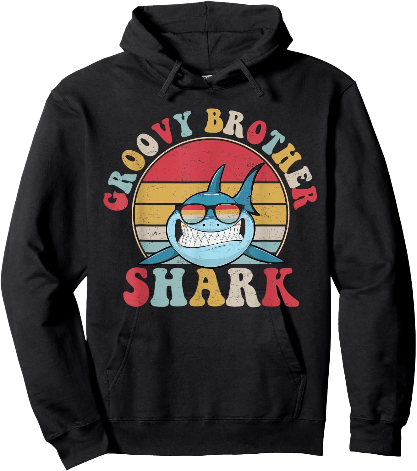 Groovy Brother Shark Retro Colorful Aesthetic Design Big Bro Hoodie - Hoodie | Black