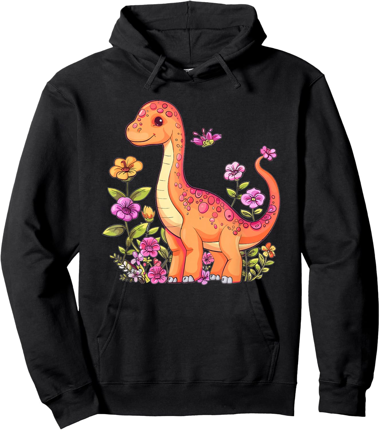 Cute Brachiosaurus With Flowers I Kids Brachiosaurus Hoodie - Hoodie | Black