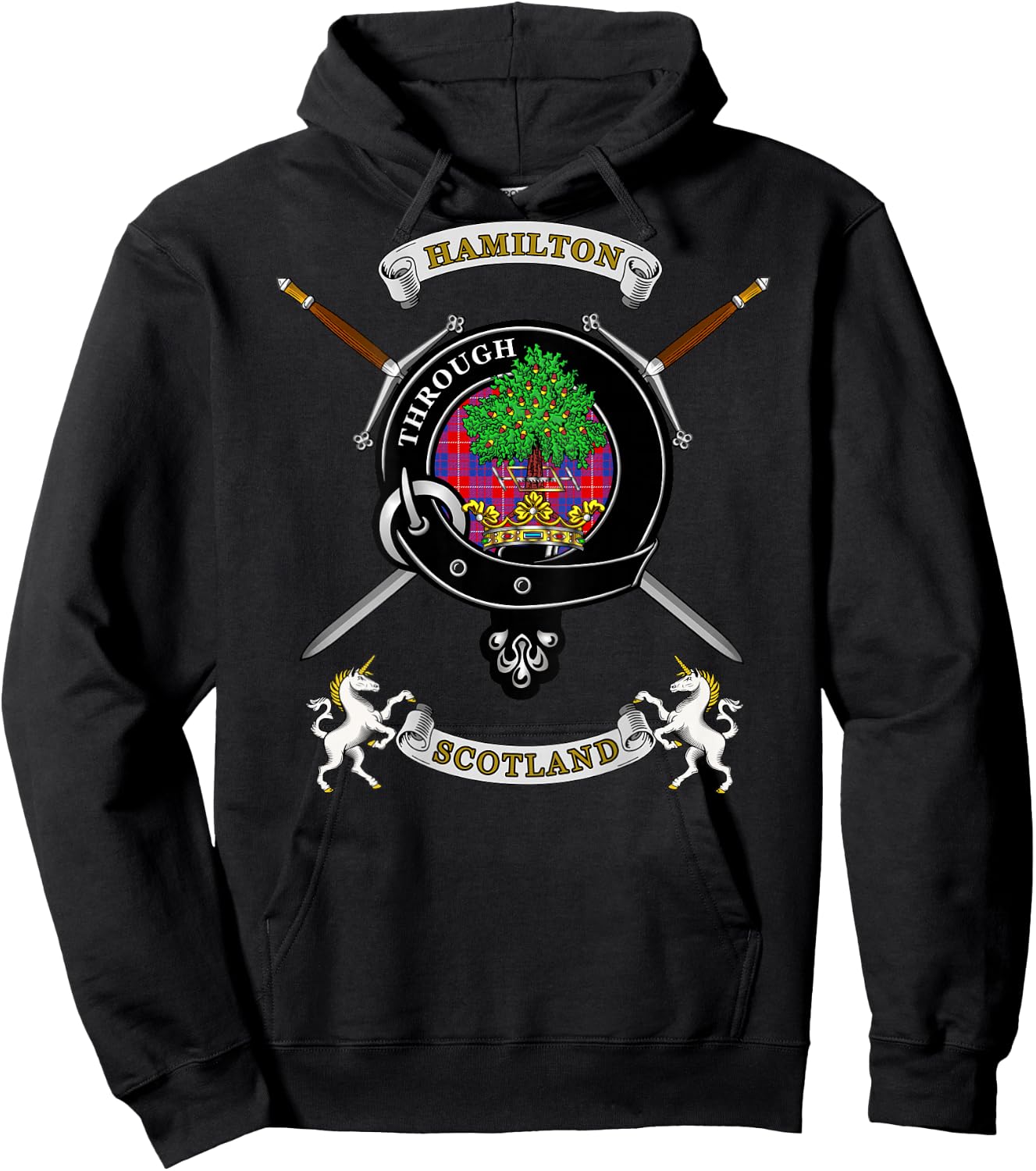 Hamilton Scottish Clan Badge Tartan & Swords (Back) Hoodie - Hoodie | Black