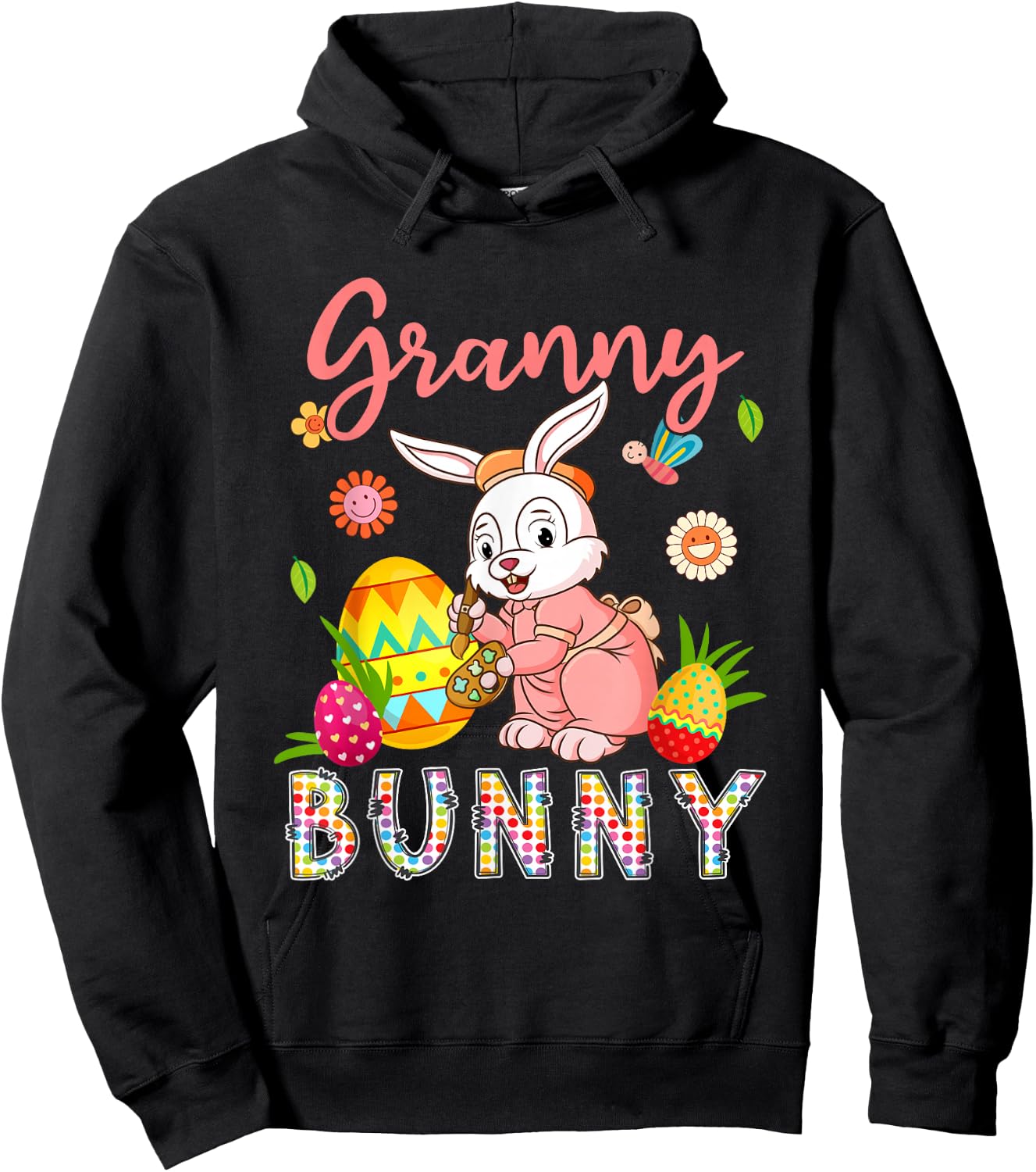 Granny Bunny Floral Bunny Drawing Easter Eggs Hunting Lover Hoodie - Hoodie | Black