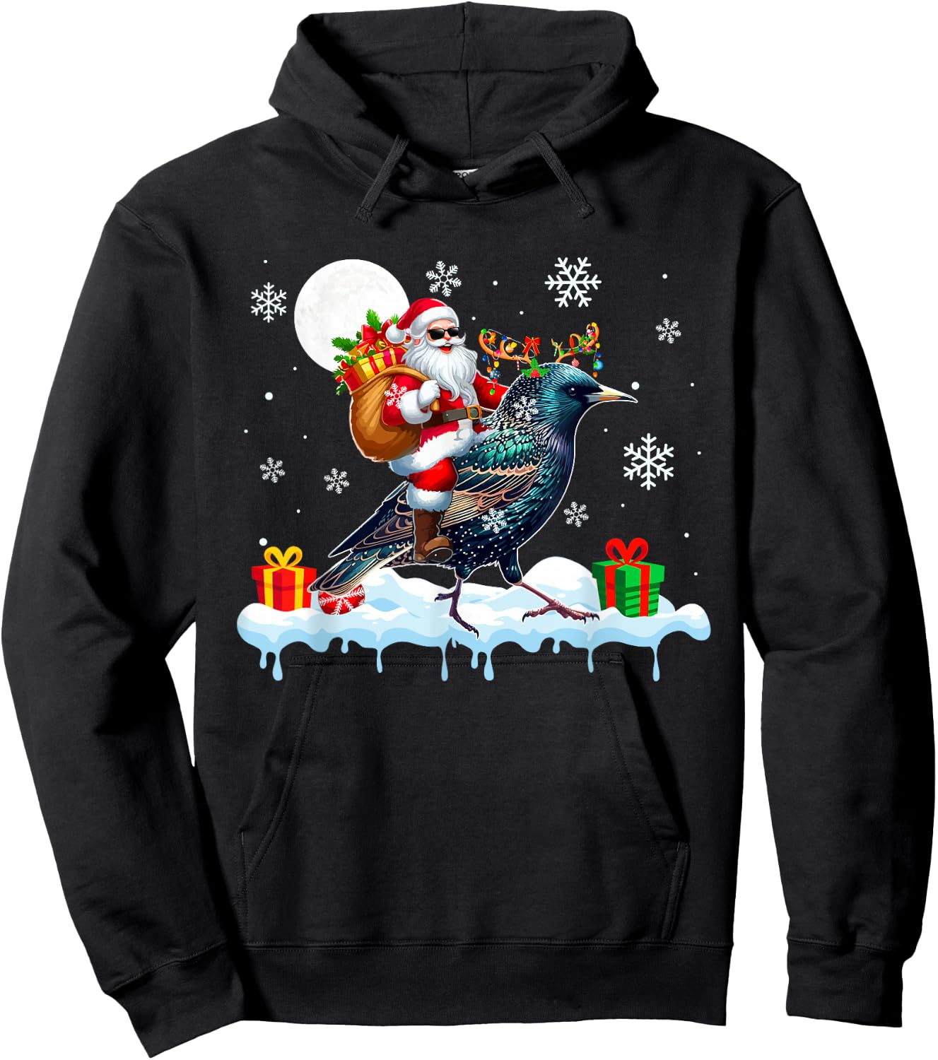 Santa Sunglasses Riding Reindeer Starling Bird Enthusiast Hoodie - Hoodie | Black