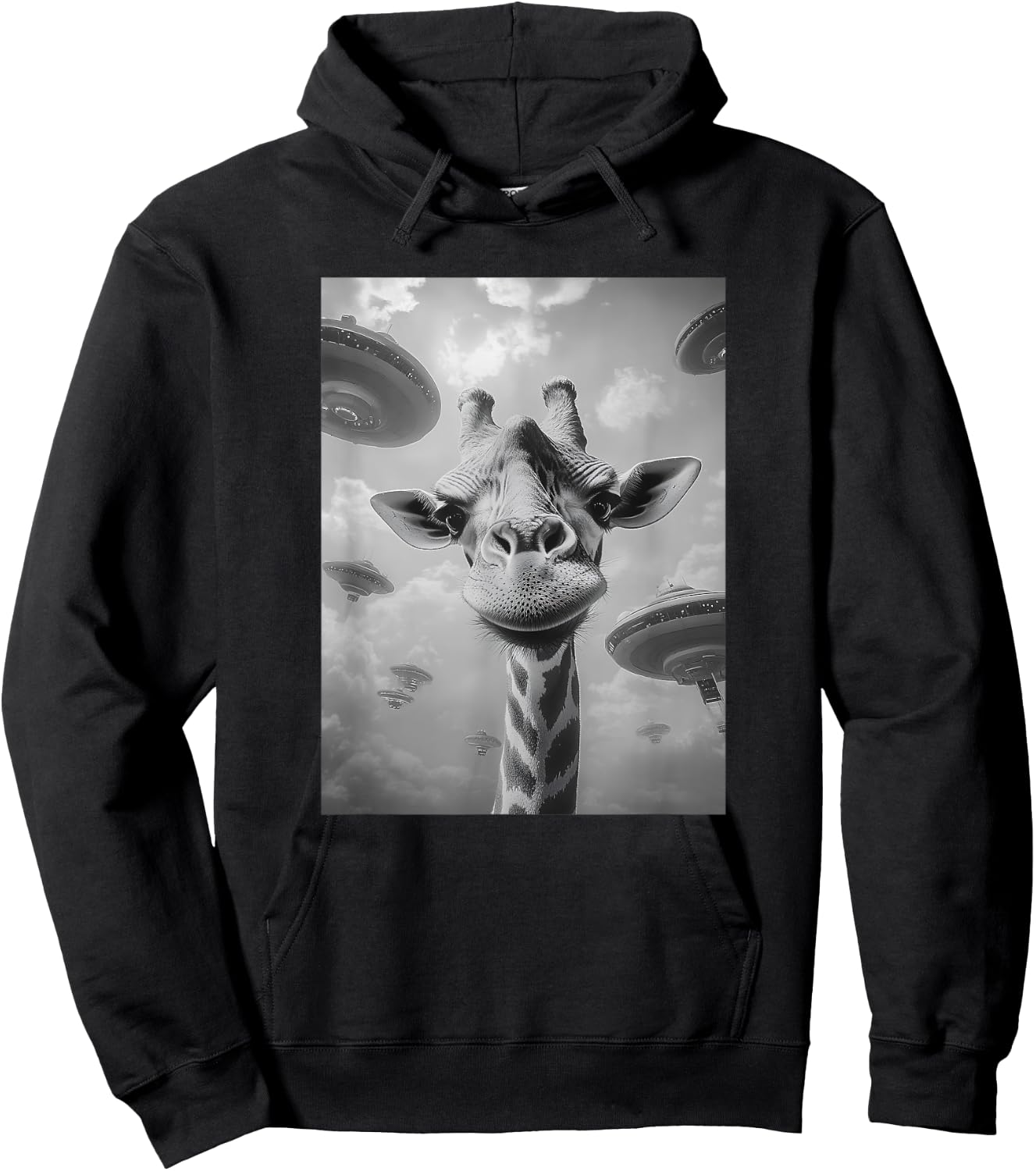 Funny Graphic Giraffe Selfi with UFOs Meme Hoodie - Hoodie | Black