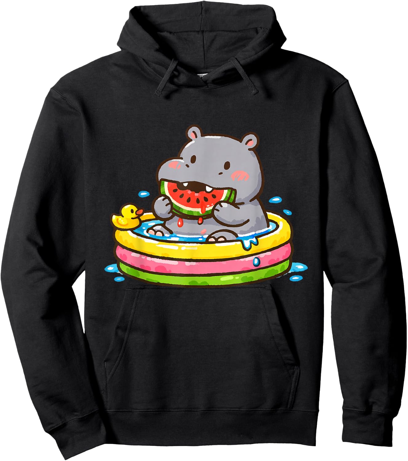 Hippo Eating Watermelon in Pool Funny Cartoon Hoodie - Hoodie | Black