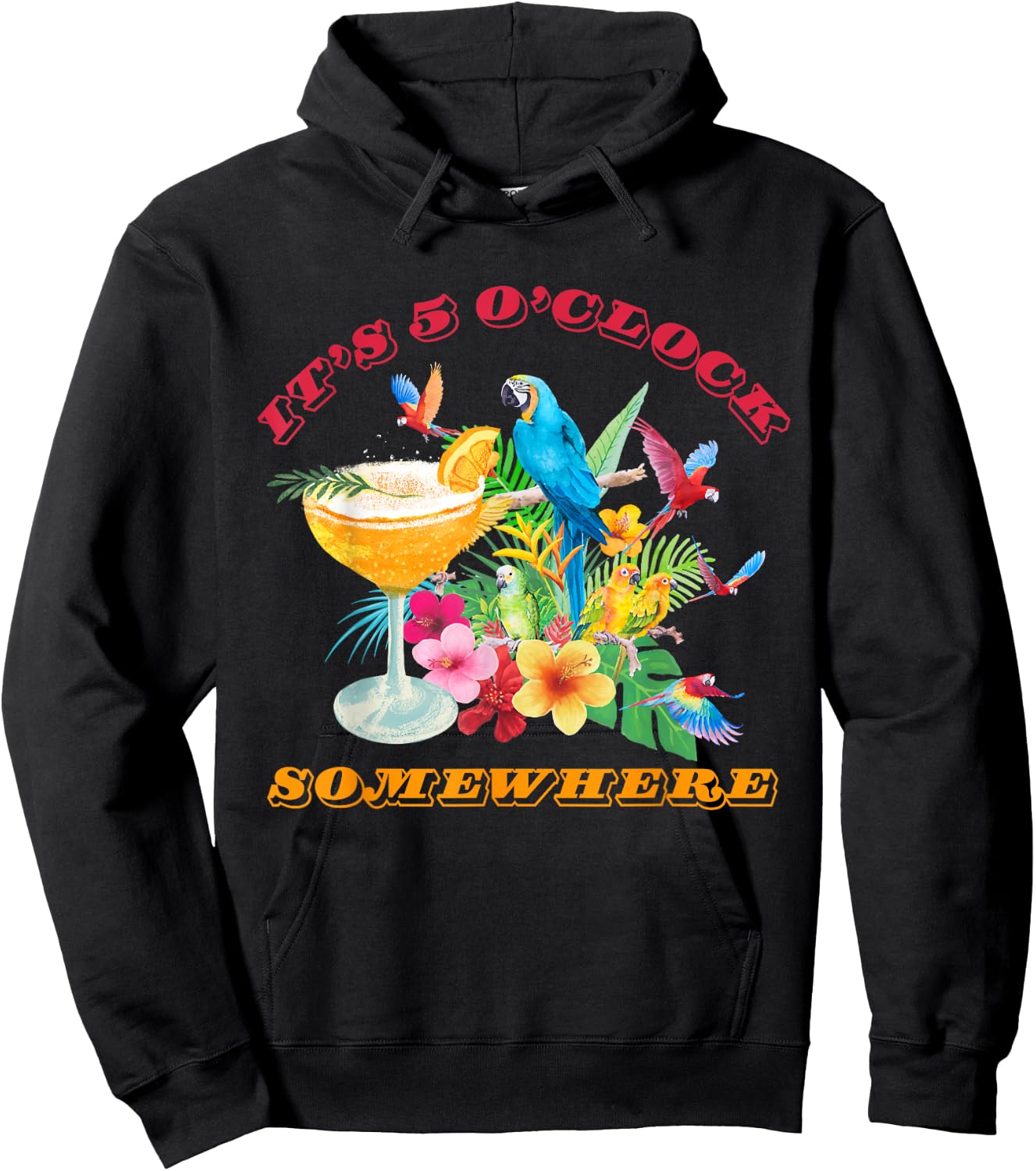 It's 5 O'clock Somewhere Parrot Sunset Drinking Summer Retro Men Women Hoodie - Hoodie | Black