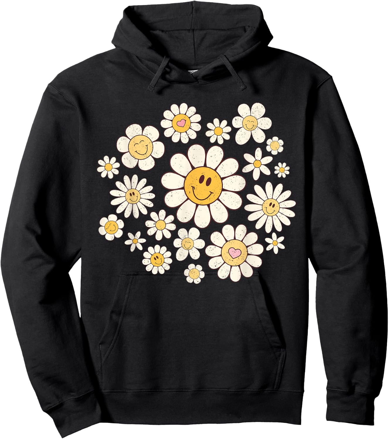 Vintage Cute Smile Face Flower Happy Face Flowers Heart Girl Hoodie - Hoodie | Black