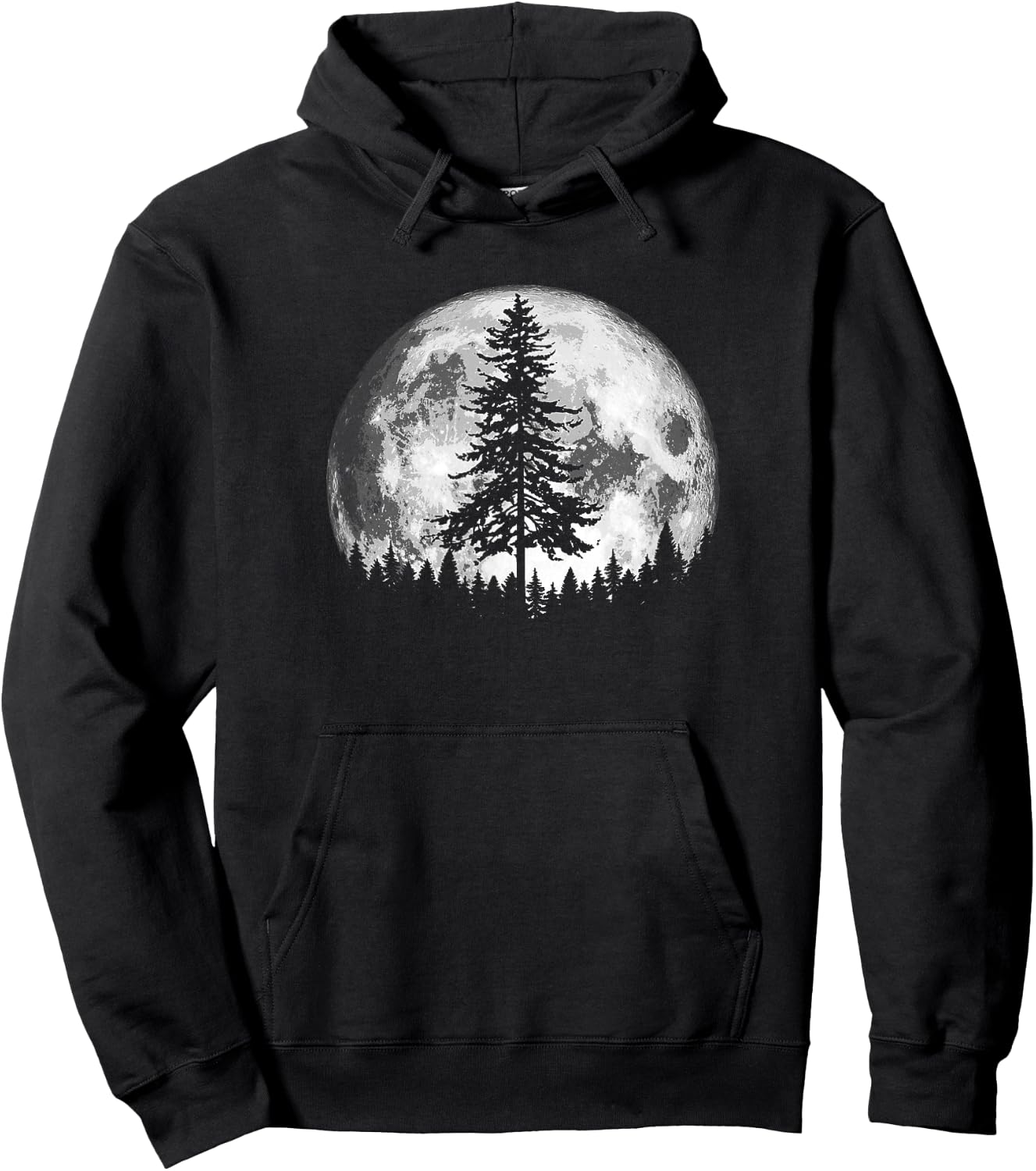 Retro Full Moon & Minimalist Pine Tree Vintage Graphic Hoodie - Hoodie | Black