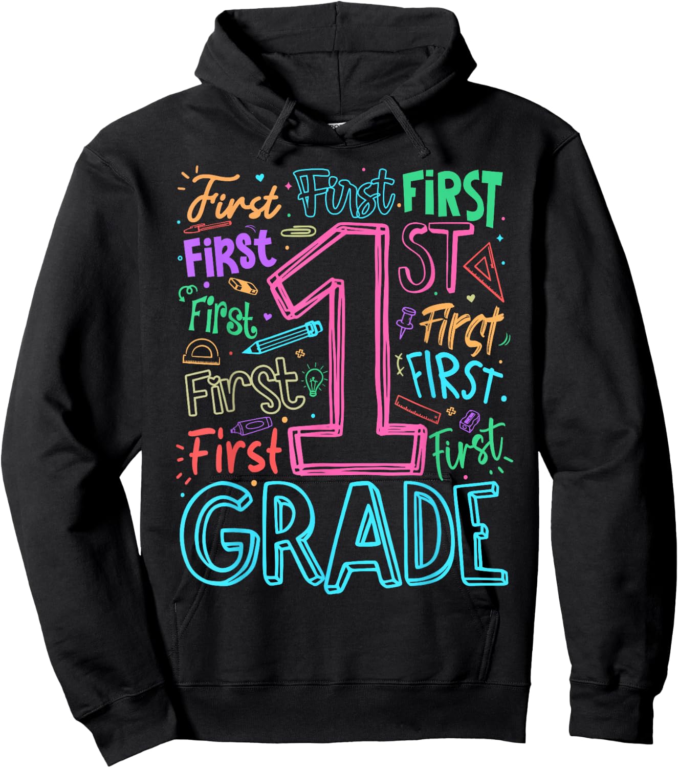 1st Grade Typography Team First Grade Teacher Back to School Hoodie - Hoodie | Black