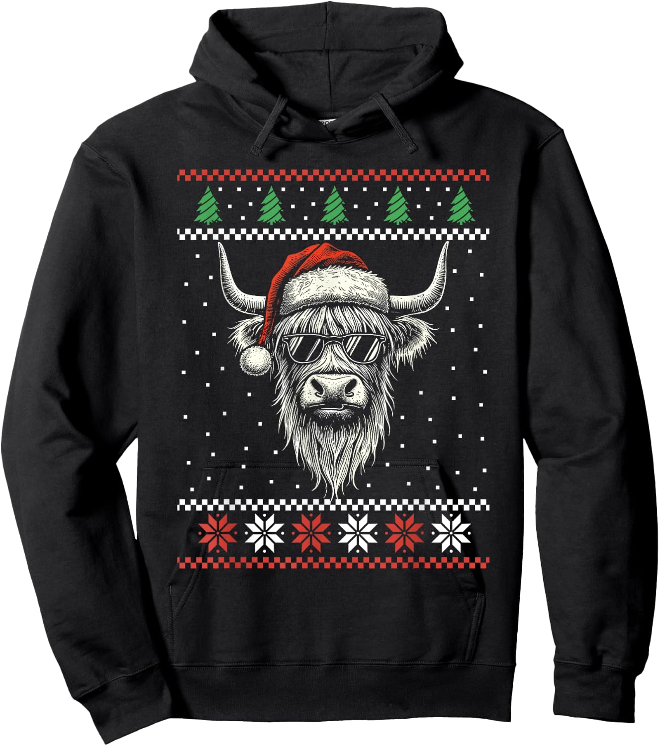 Highland Cow Santa Hat Ugly Christmas Sweater Xmas Hoodie - Hoodie | Black