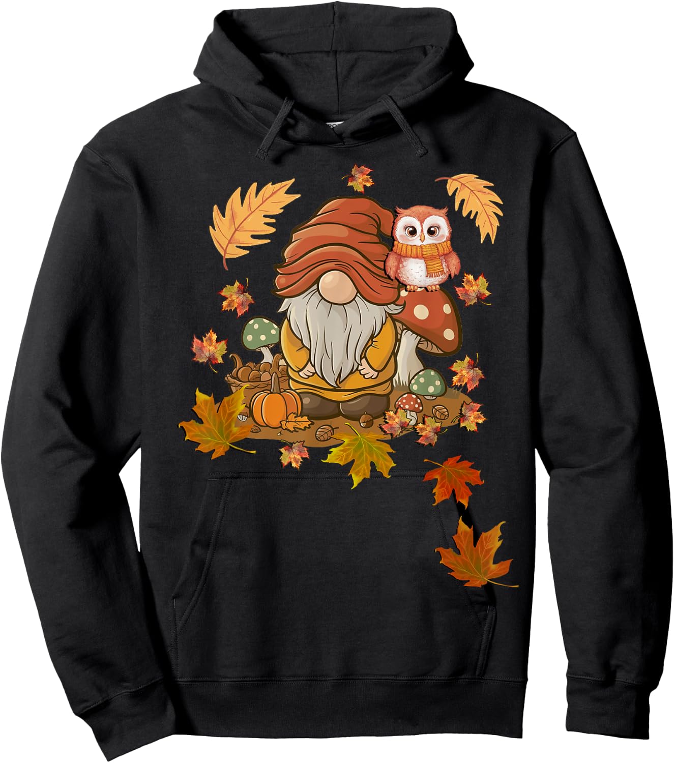 Autumn Season Design Leaves, Owls and Cute Fall Gnome Hoodie - Hoodie | Black