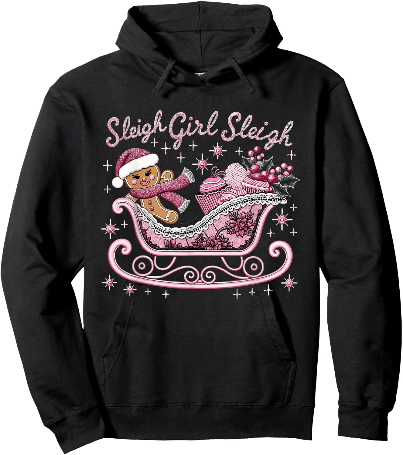 Groovy Pink Christmas Candy Sleigh Girl Gingerbread Holiday Hoodie - Hoodie | Black