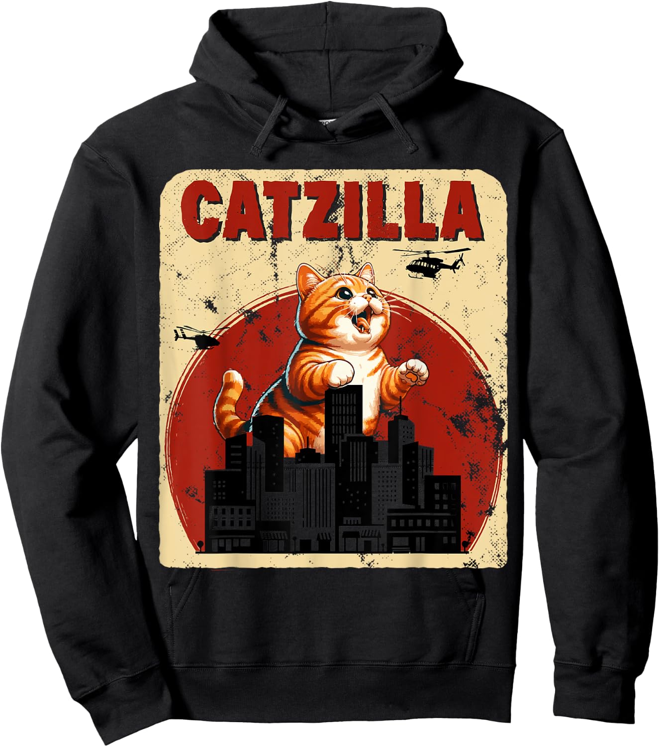 Catzilla Funny Giant Orange Tabby Cute Classic Japanese Film Hoodie - Hoodie | Black