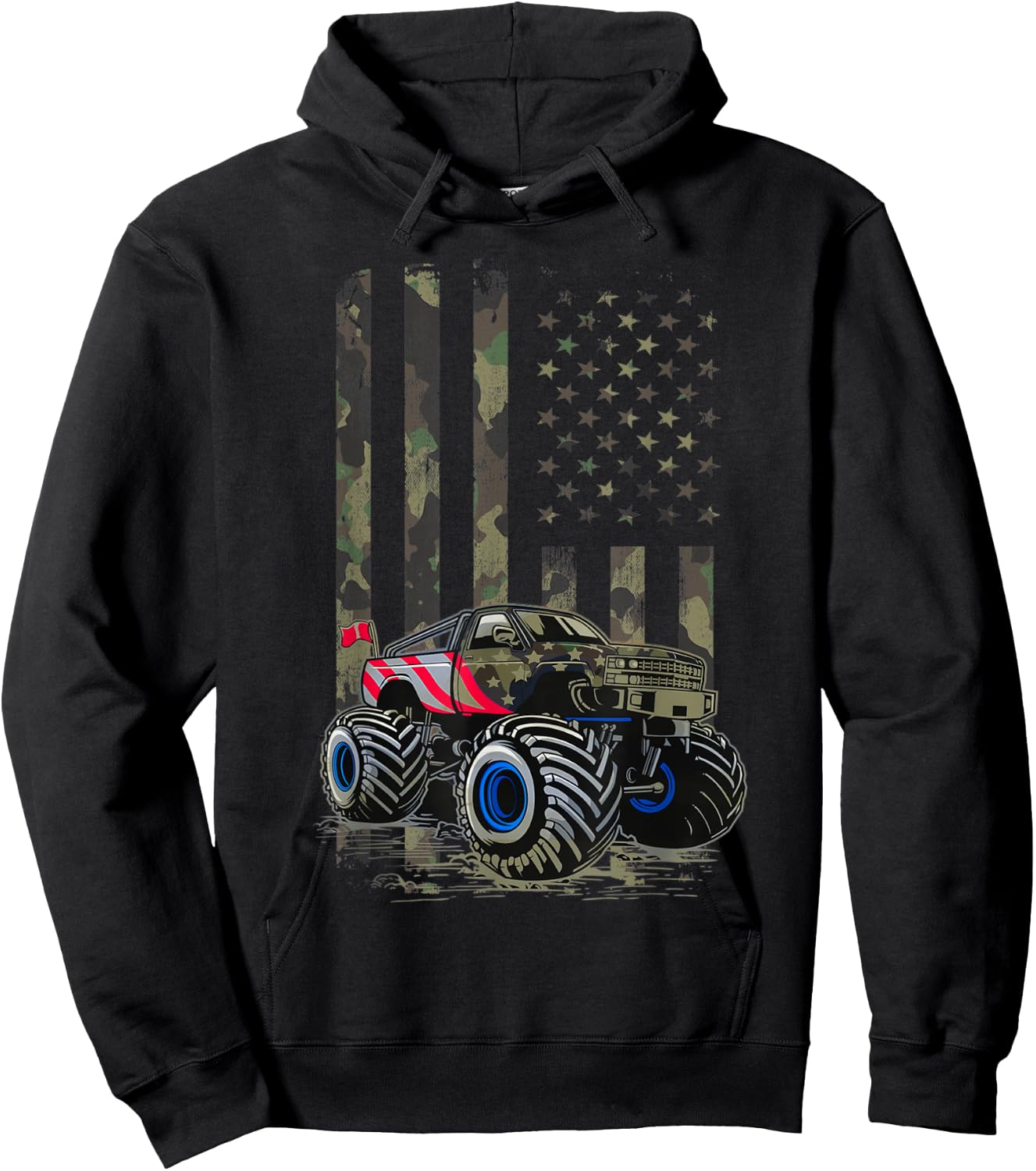 USA Flag Monster Truck Army Camouflage, Monster Trucks Lover Hoodie - Hoodie | Black