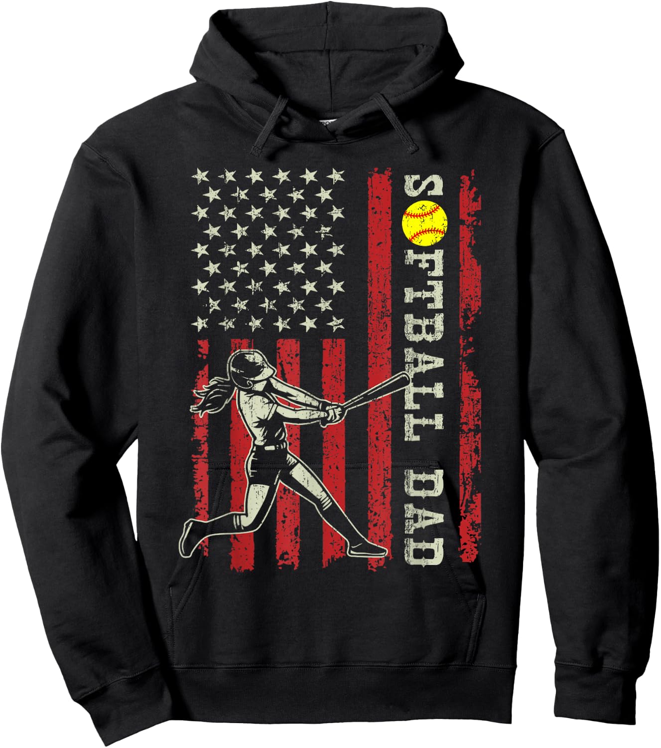 Vintage Softball Dad American Flag Fathers Day Patriotic Men Hoodie - Hoodie | Black