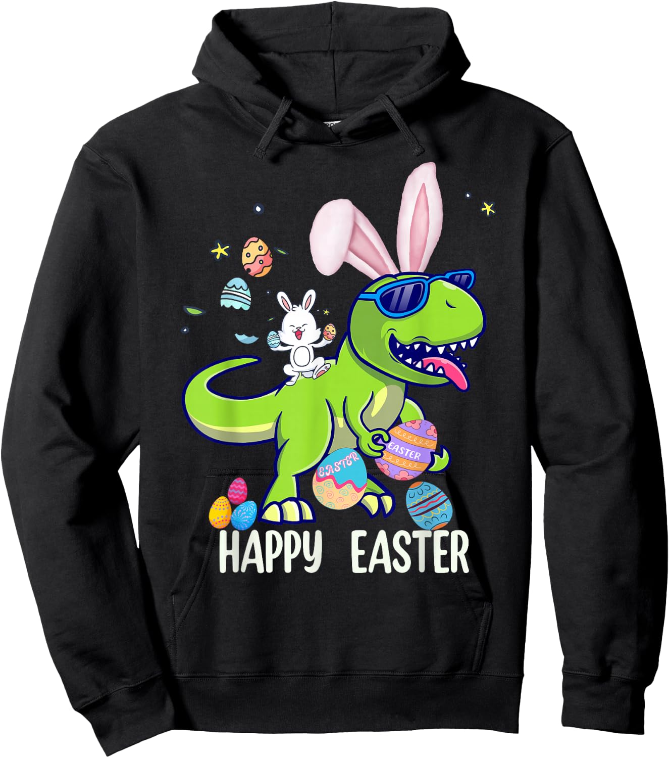 Happy Easter Dino Shirts Kids Funny Dinosaur Bunny Eggs Hoodie - Hoodie | Black