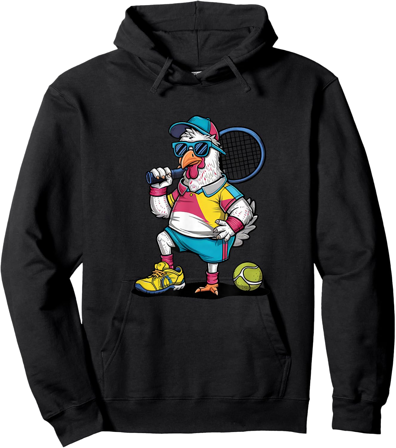 Tennis Rooster Funny Sports Animal Cartoon Art Design Hoodie - Hoodie | Black