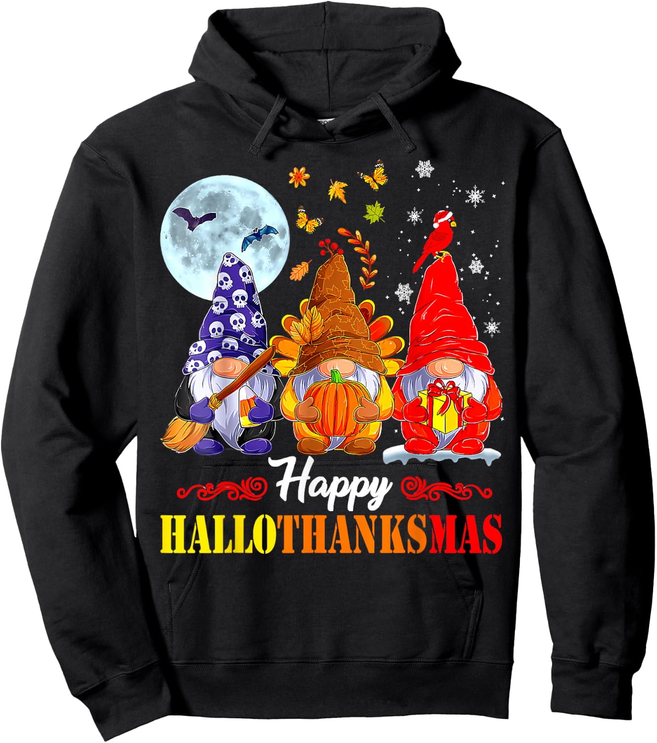 Halloween Thanksgiving Christmas Happy HalloThanksMas Gnomes Hoodie - Hoodie | Black
