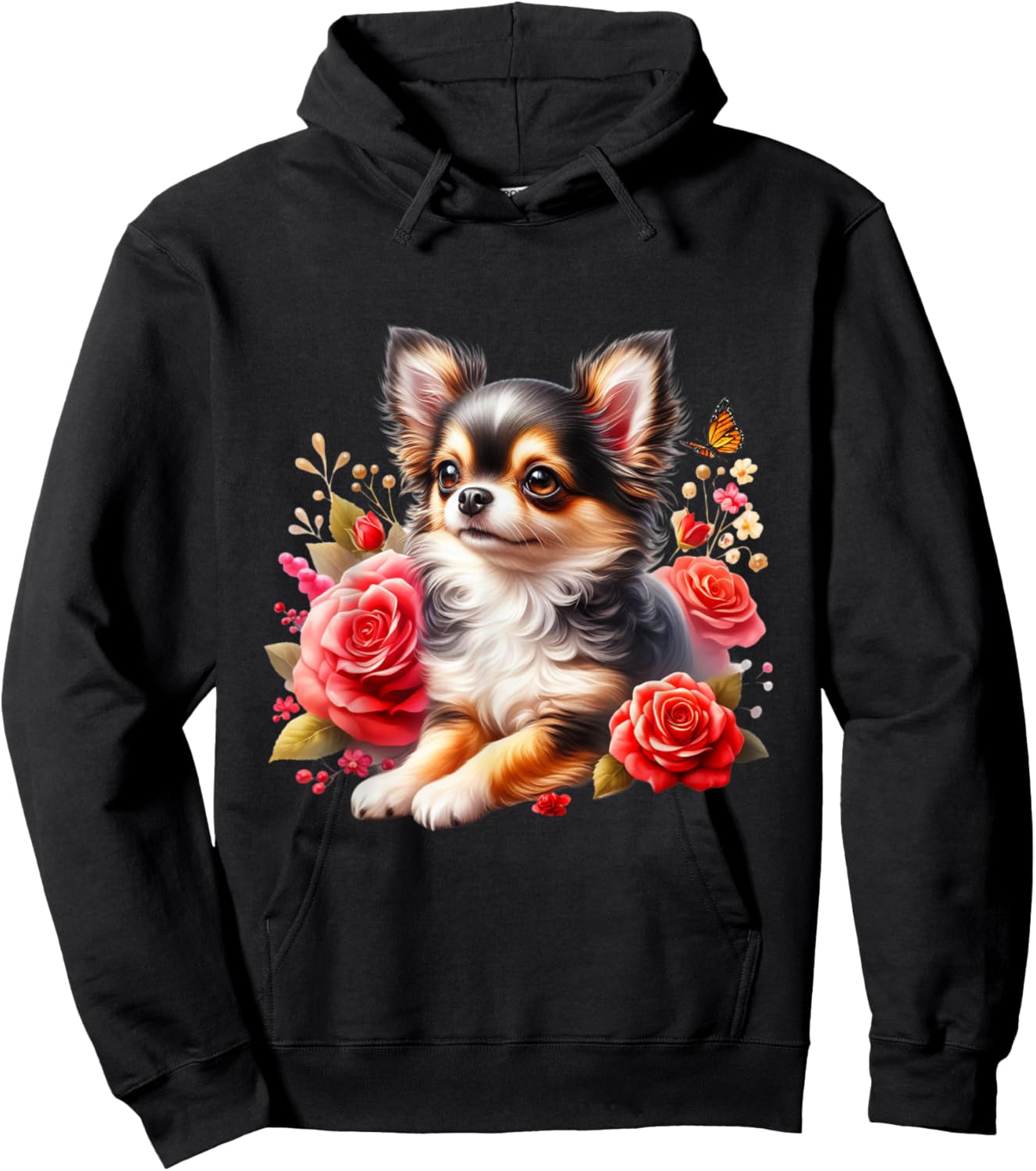 Chihuahua Floral Watercolor Adorable Long Hair Chihuahua Hoodie - Hoodie | Black