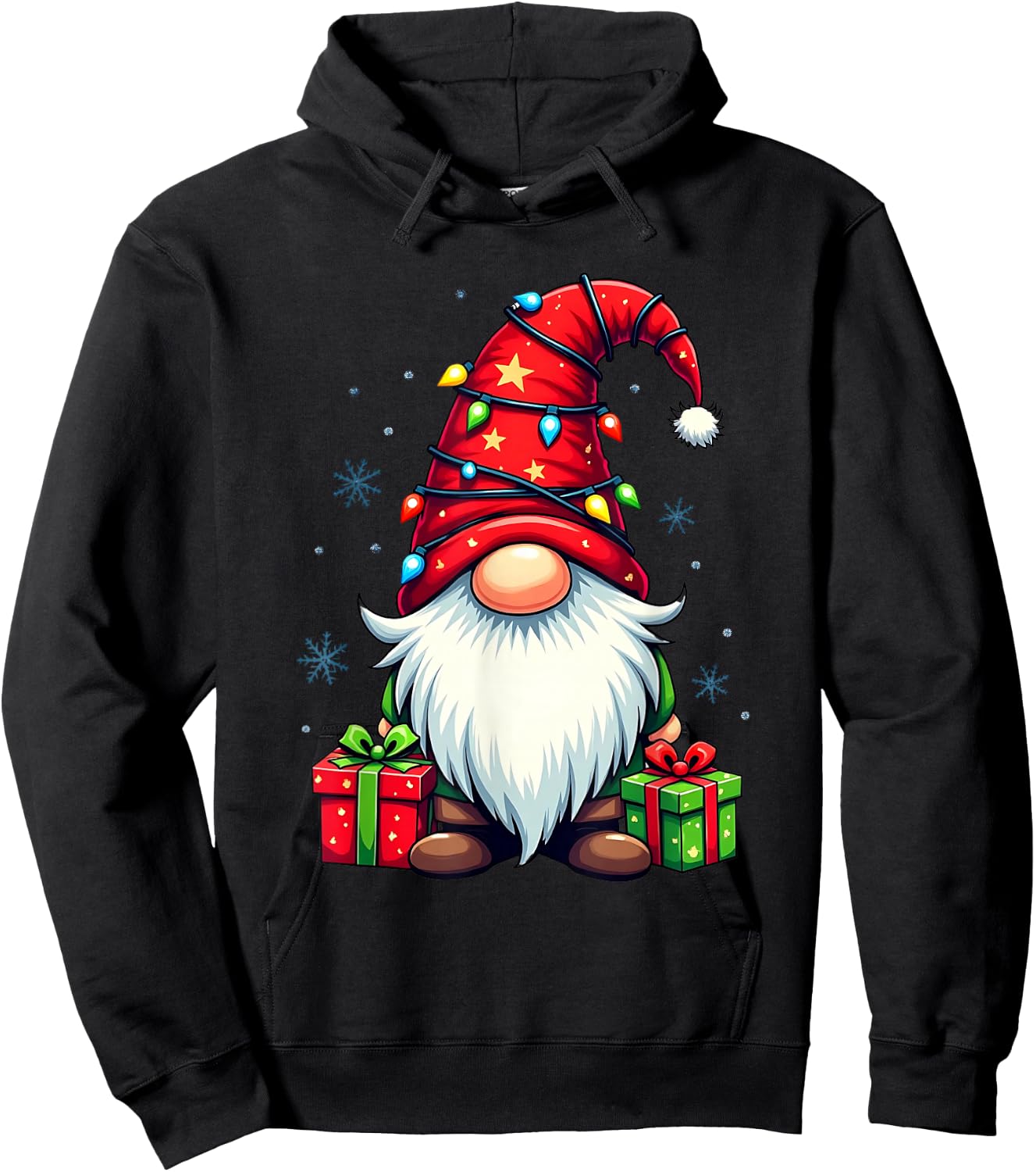 Festive Christmas Gnome with Lights and Snowflakes , black Hoodie - Hoodie | Black