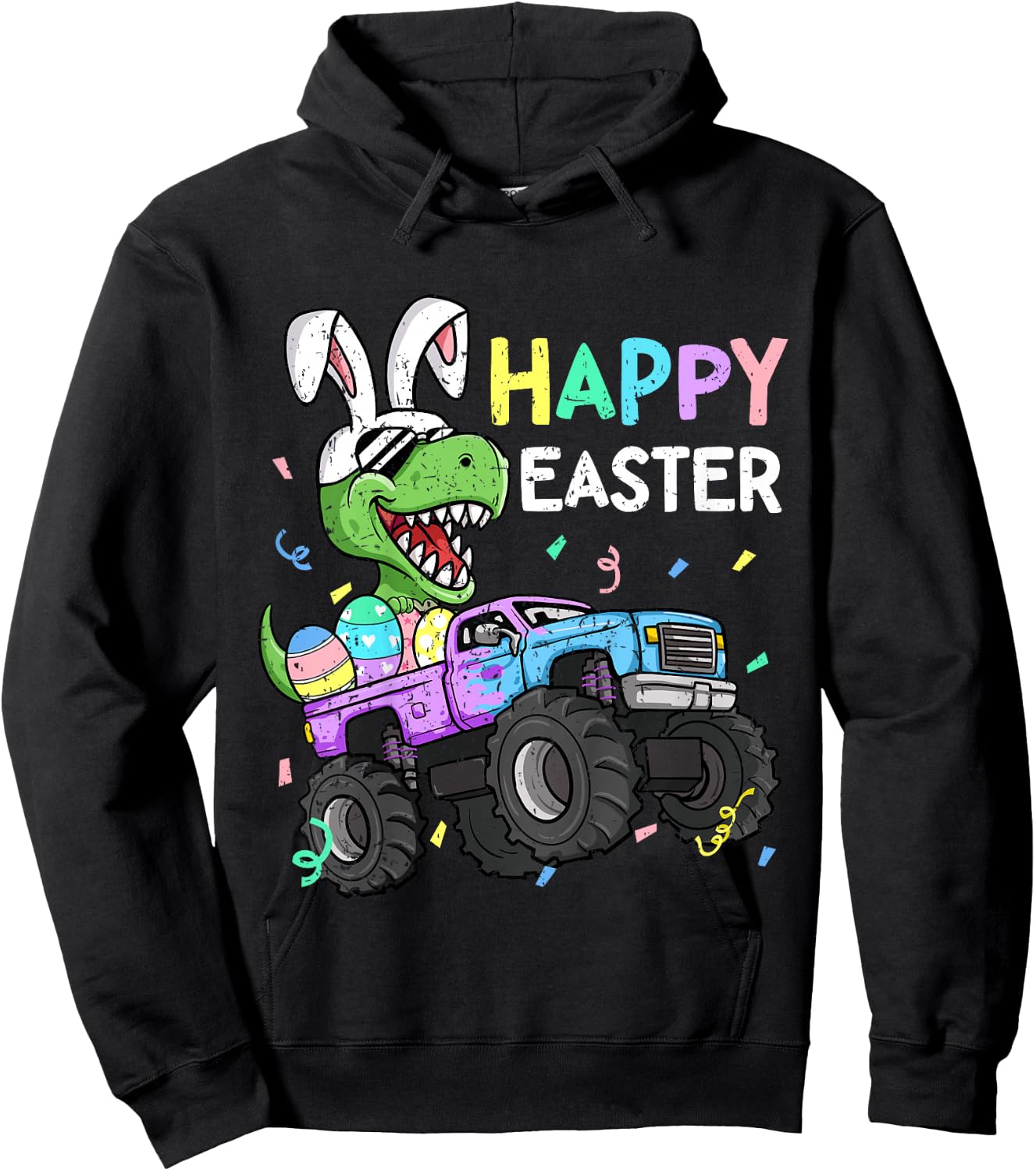 Kids Boys Happy Easter T-Rex Bunny Monster Truck Rabbit Ears Hoodie - Hoodie | Black