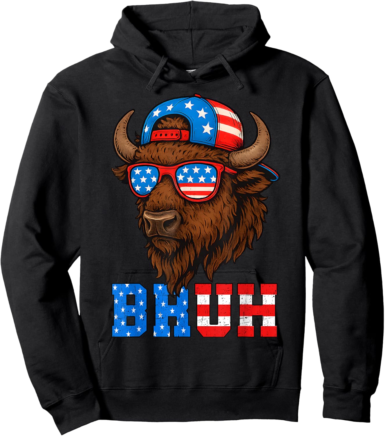 Funny Bison Bruh Patriotic 4th Of July Men Boys Kids Hoodie - Hoodie | Black