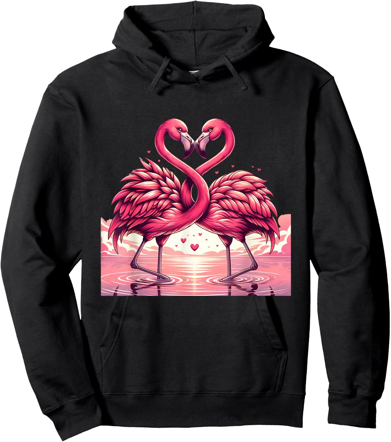 Adorable Flamingo Pair Embrace Valentine Hearts Hoodie - Hoodie | Black