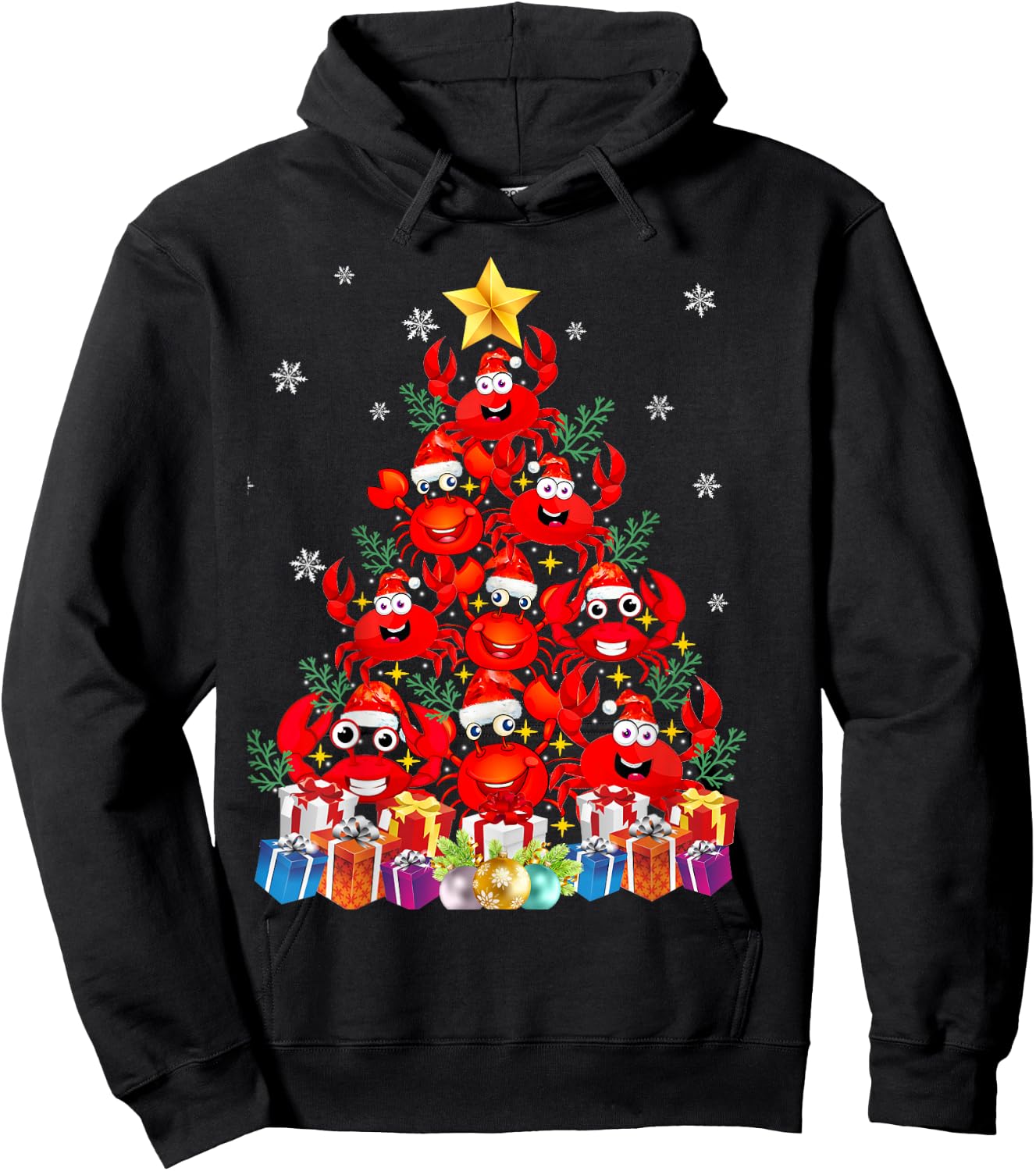 Funny Crab Christmas Tree Lights With Santa Hat Hoodie - Hoodie | Black