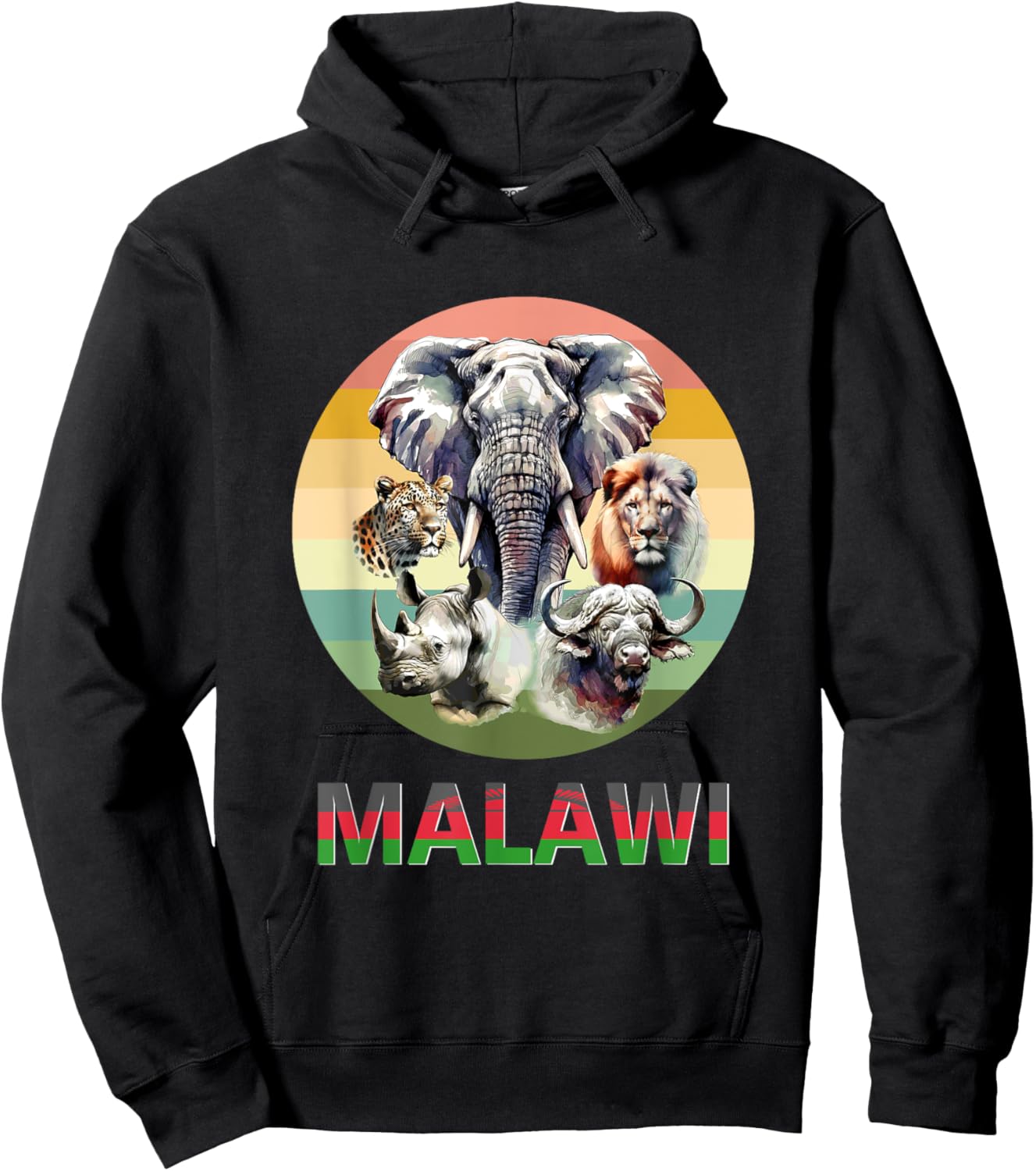 Malawi Big 5 Watercolor on Retro Sunset for Malawi Fans Hoodie - Hoodie | Black