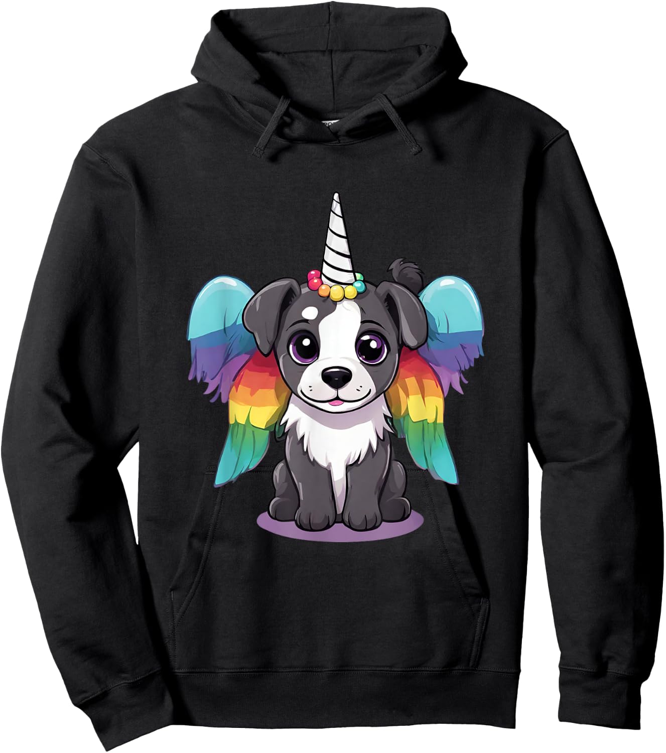 Cute Magical Unicorn Puppy Dog With Rainbow Wings Women Kids Hoodie - Hoodie | Black