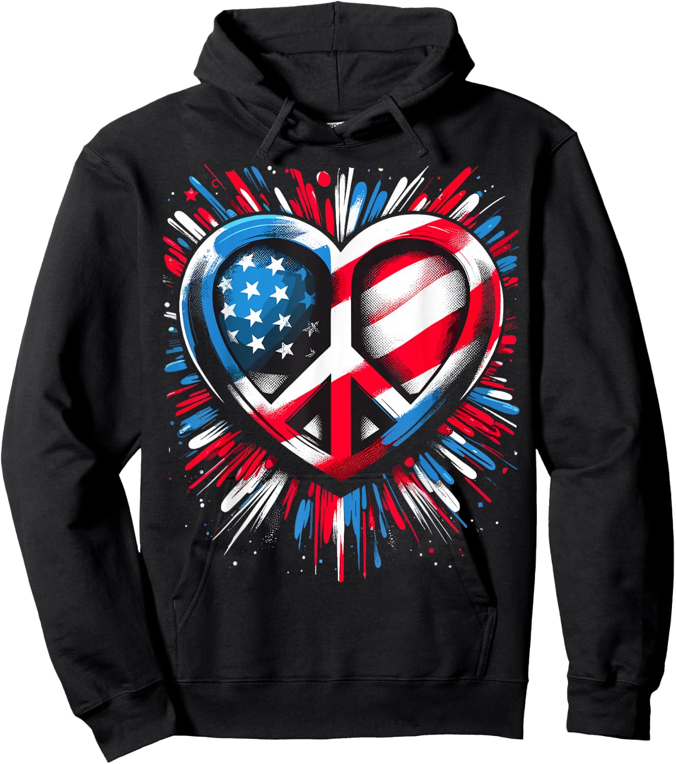 American Flag Peace Sign Heart Hippie Patriotic Hoodie - Hoodie | Black