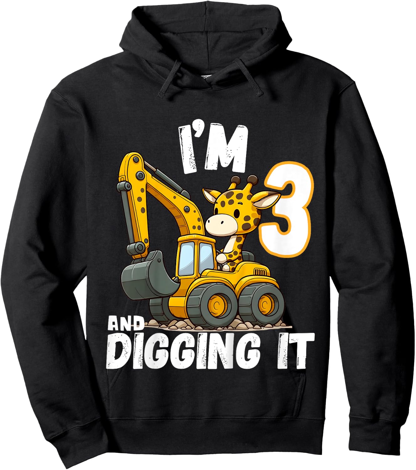 Kids I'm 3 And Digging It Giraffe Driving Excavator 3rd Birthday Hoodie - Hoodie | Black